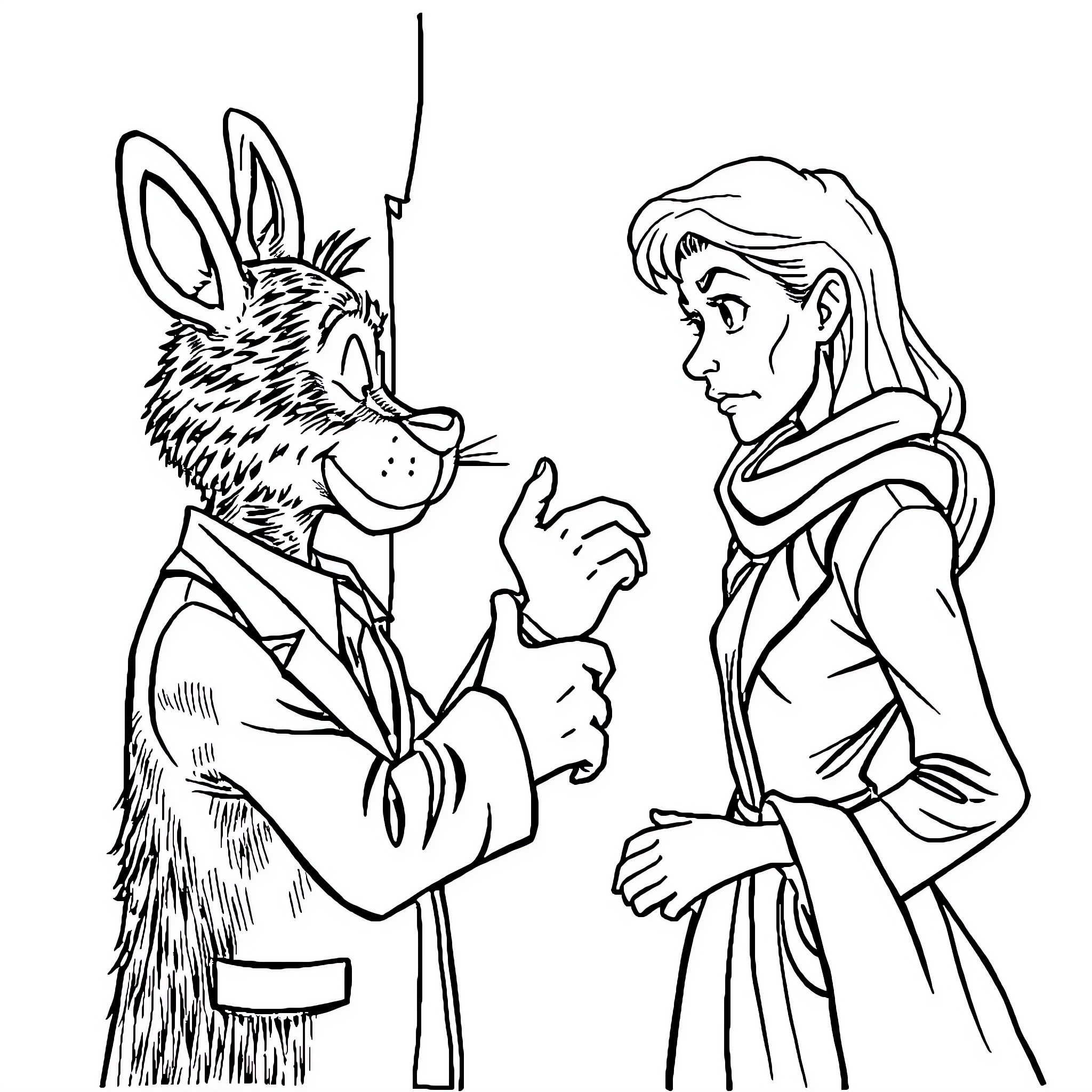 Anatole the Furry Companion Meets the Curious Woman Coloring Page (free black-and-white line drawing printable PDF for all, from beginners to advanced learners, including children, teens, adults, and seniors)