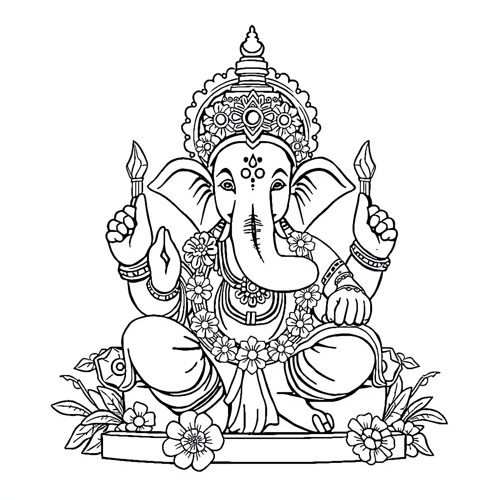 Ganpati sitting amidst floral decor Coloring Page (free black-and-white line drawing printable PDF for all, from beginners to advanced learners, including children, teens, adults, and seniors)