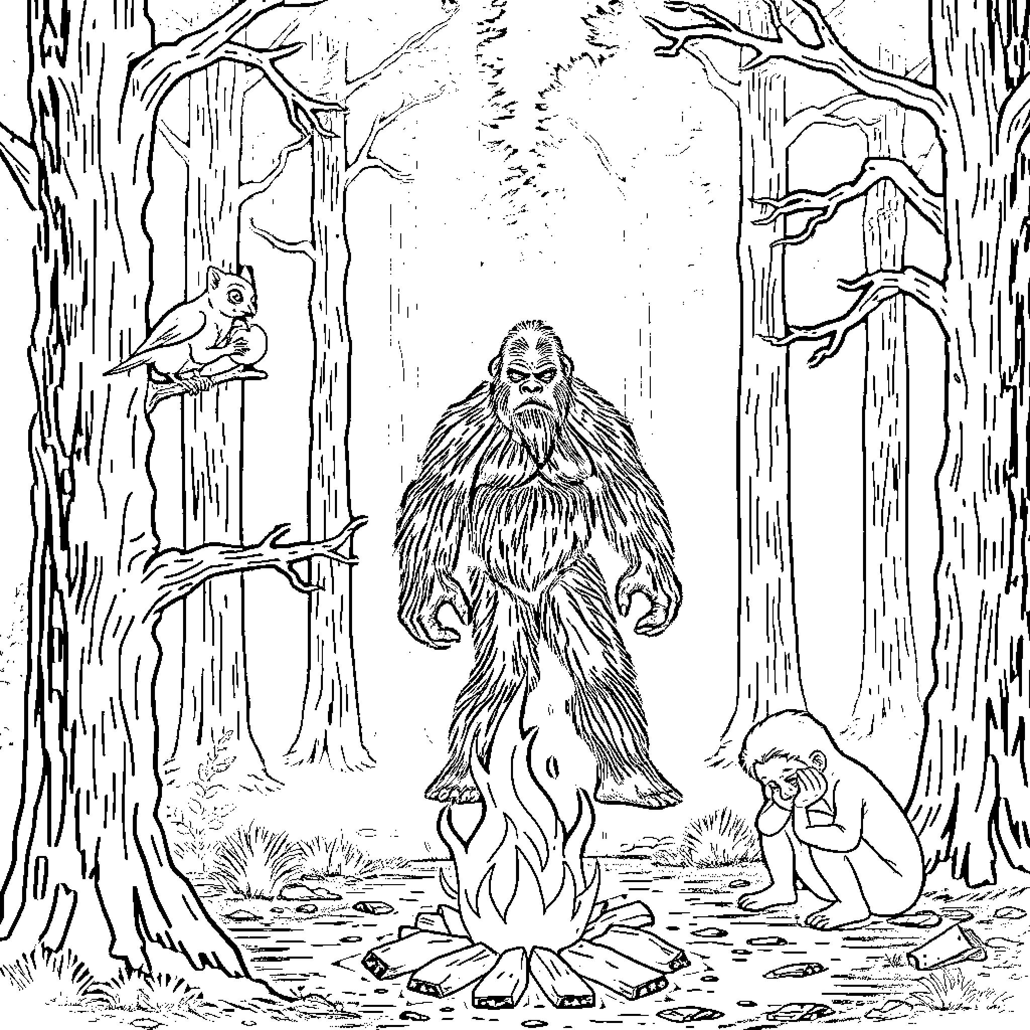 Cryptid Bigfoot Warming Himself by Forest Campfire Coloring Page (free black-and-white line drawing printable PDF for all, from beginners to advanced learners, including children, teens, adults, and seniors)