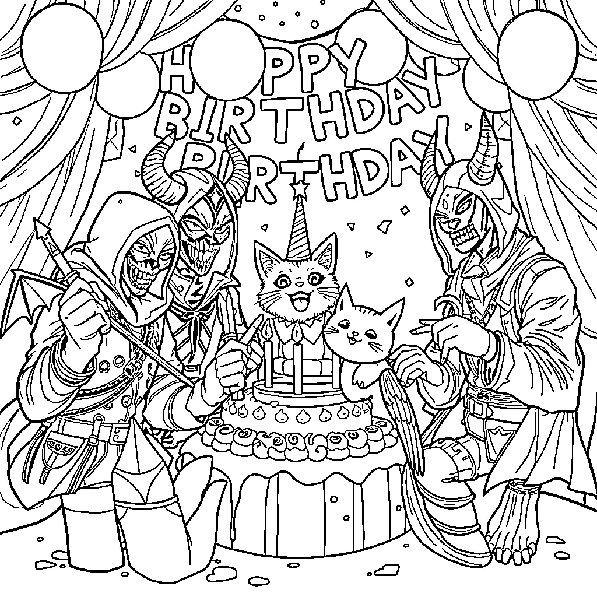 Demon Hunters Celebrate a Spooky Birthday Coloring Page (free black-and-white line drawing printable PDF for all, from beginners to advanced learners, including children, teens, adults, and seniors)