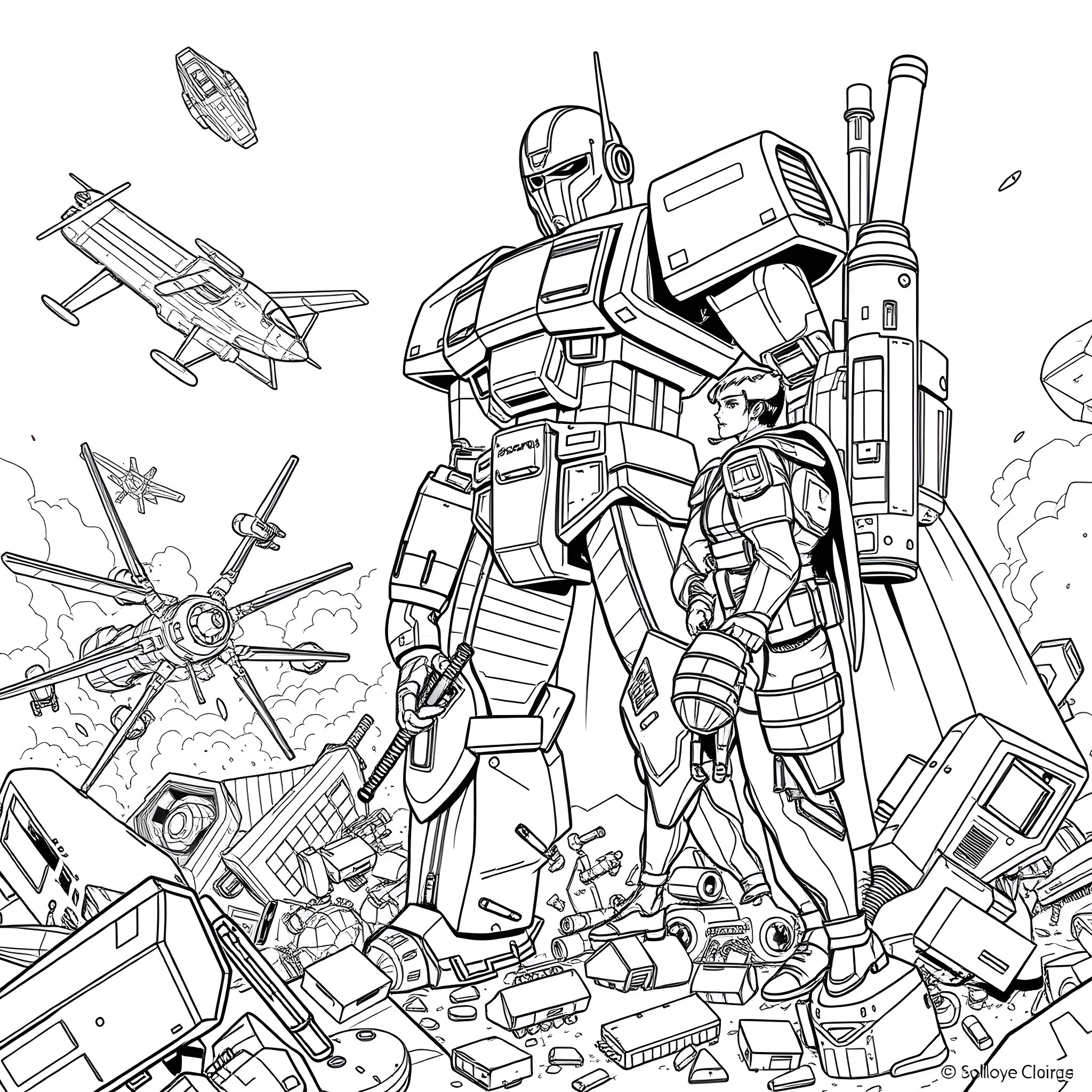 BT Robot Standing Tall Amidst Destruction Coloring Page (free black-and-white line drawing printable PDF for all, from beginners to advanced learners, including children, teens, adults, and seniors)
