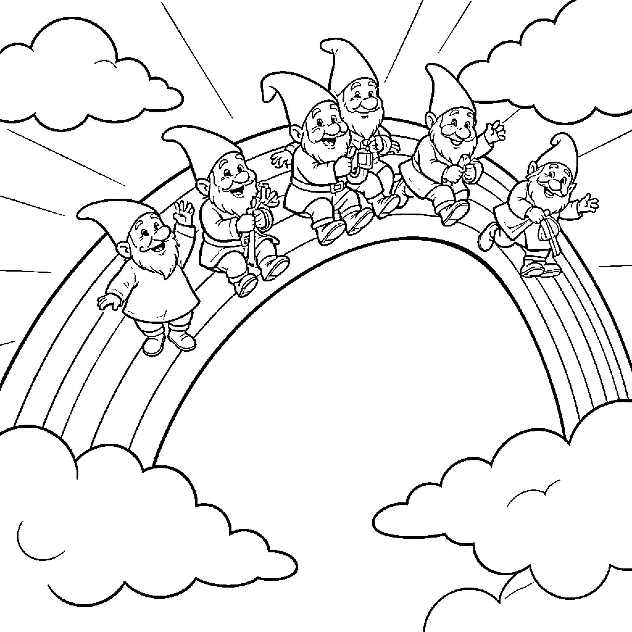 Gnome characters sitting happily on a large rainbow Coloring Page (free black-and-white line drawing printable PDF for all, from beginners to advanced learners, including children, teens, adults, and seniors)