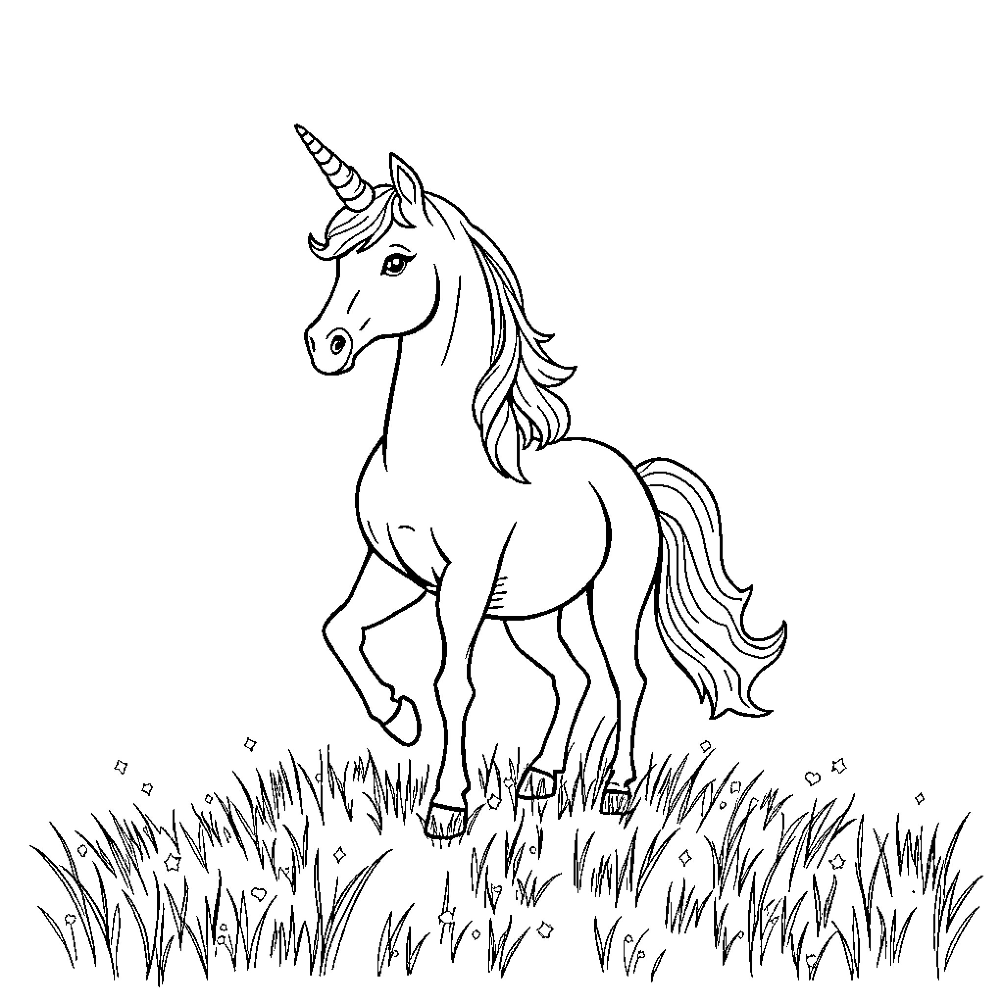 Unicorn galloping through enchanted meadow Coloring Page (free black-and-white line drawing printable PDF for all, from beginners to advanced learners, including children, teens, adults, and seniors)