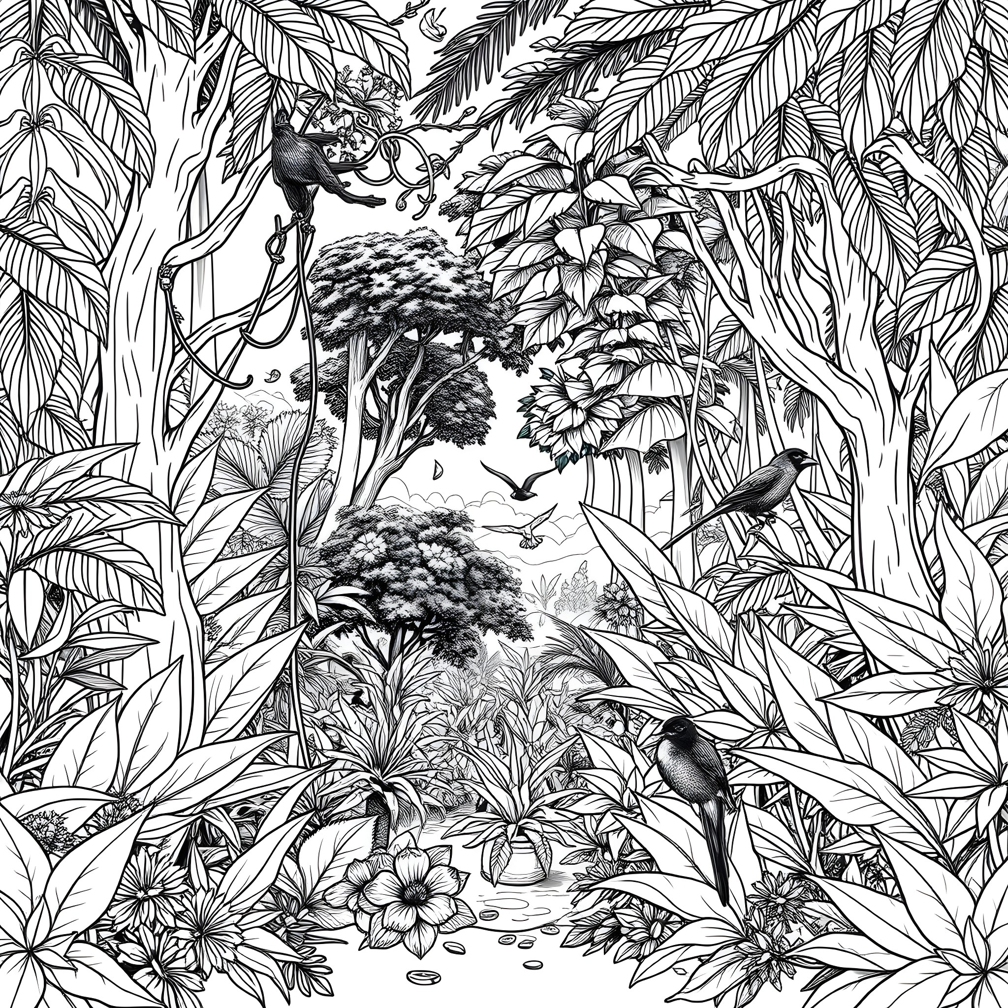 Animal Sanctuary in a Lush Tropical Forest Coloring Page (free black-and-white line drawing printable PDF for all, from beginners to advanced learners, including children, teens, adults, and seniors)