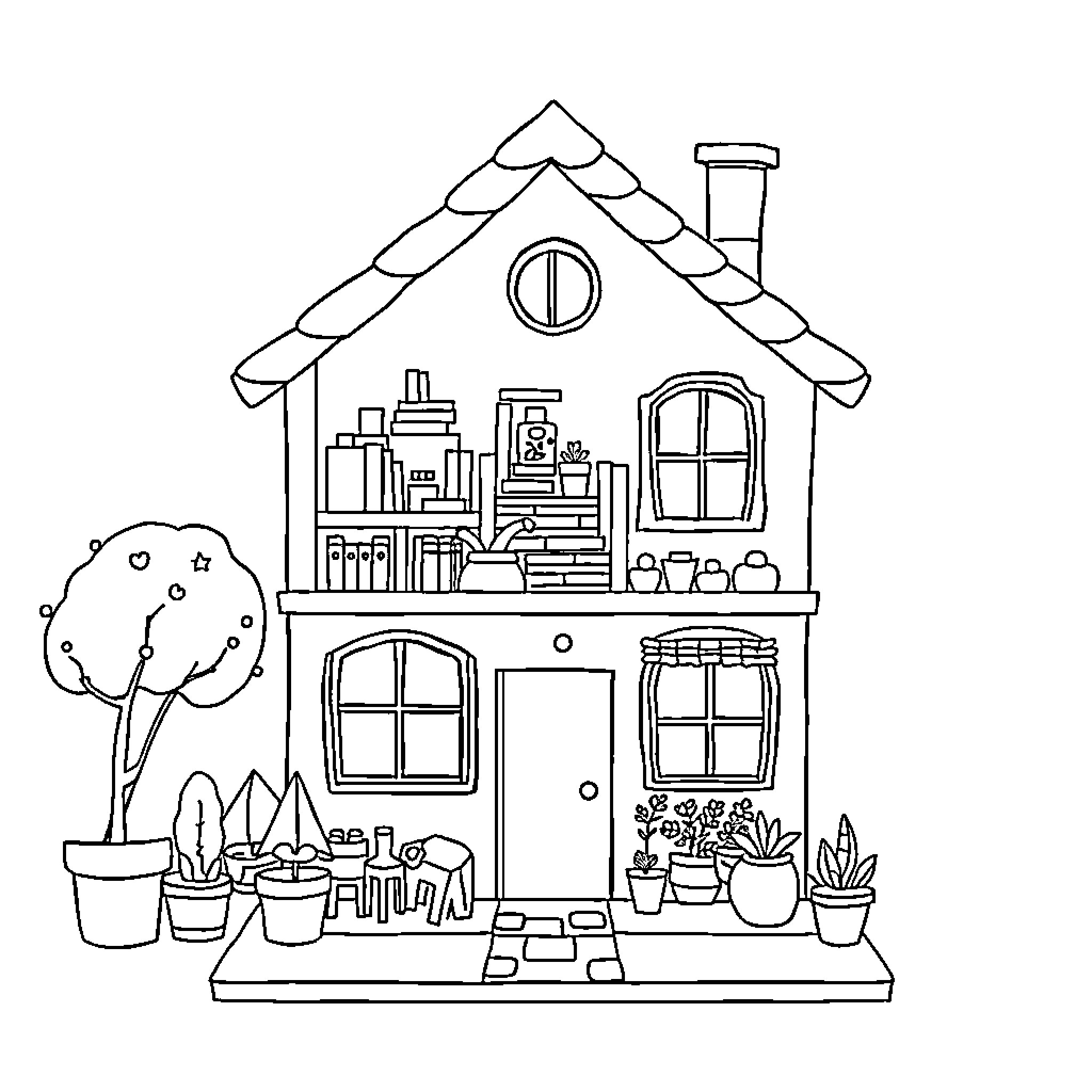 Dollhouse with Vibrant Interior and Garden Coloring Page (free black-and-white line drawing printable PDF for all, from beginners to advanced learners, including children, teens, adults, and seniors)