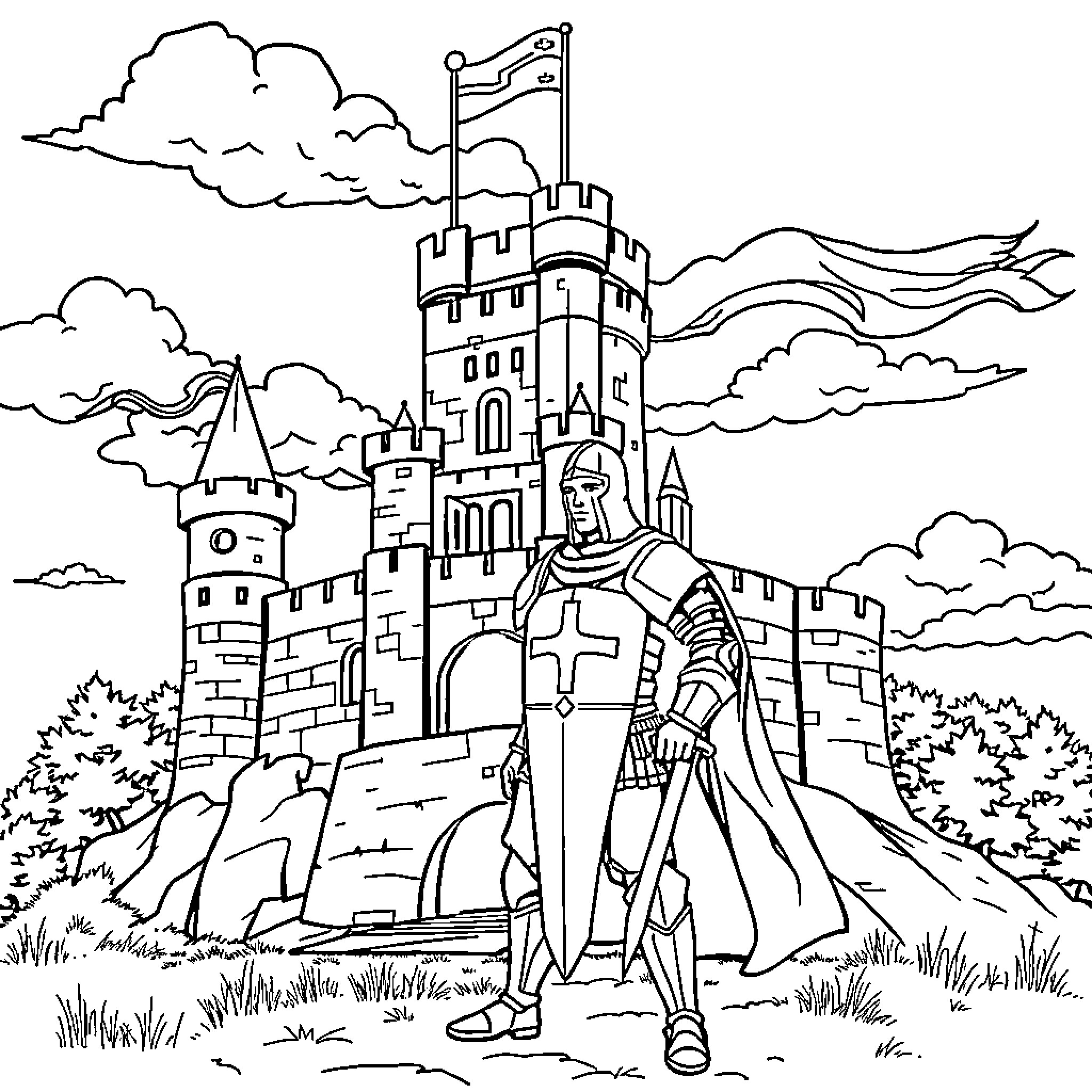 Knight guarding medieval castle on a hill Coloring Page (free black-and-white line drawing printable PDF for all, from beginners to advanced learners, including children, teens, adults, and seniors)
