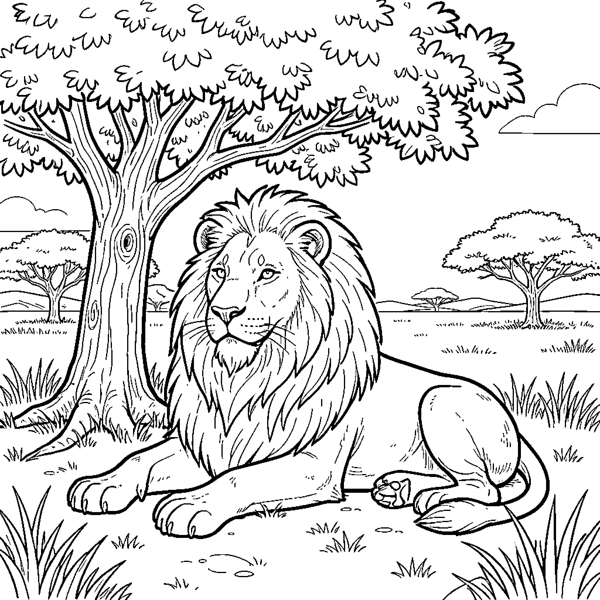 Lion resting peacefully in the savanna Coloring Page (free black-and-white line drawing printable PDF for all, from beginners to advanced learners, including children, teens, adults, and seniors)