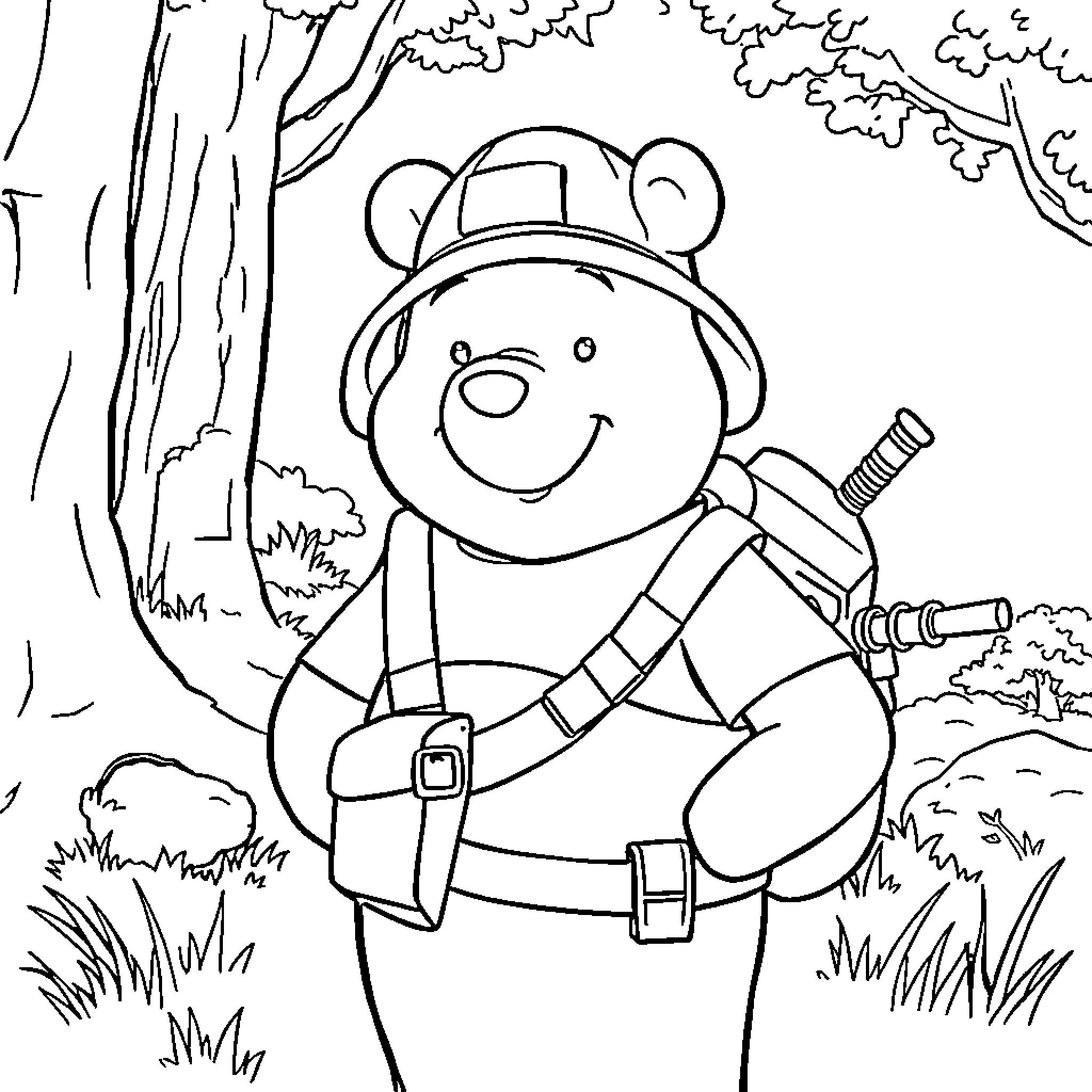 Winnie The Pooh Enjoys Nature on a Hike Coloring Page (free black-and-white line drawing printable PDF for all, from beginners to advanced learners, including children, teens, adults, and seniors)
