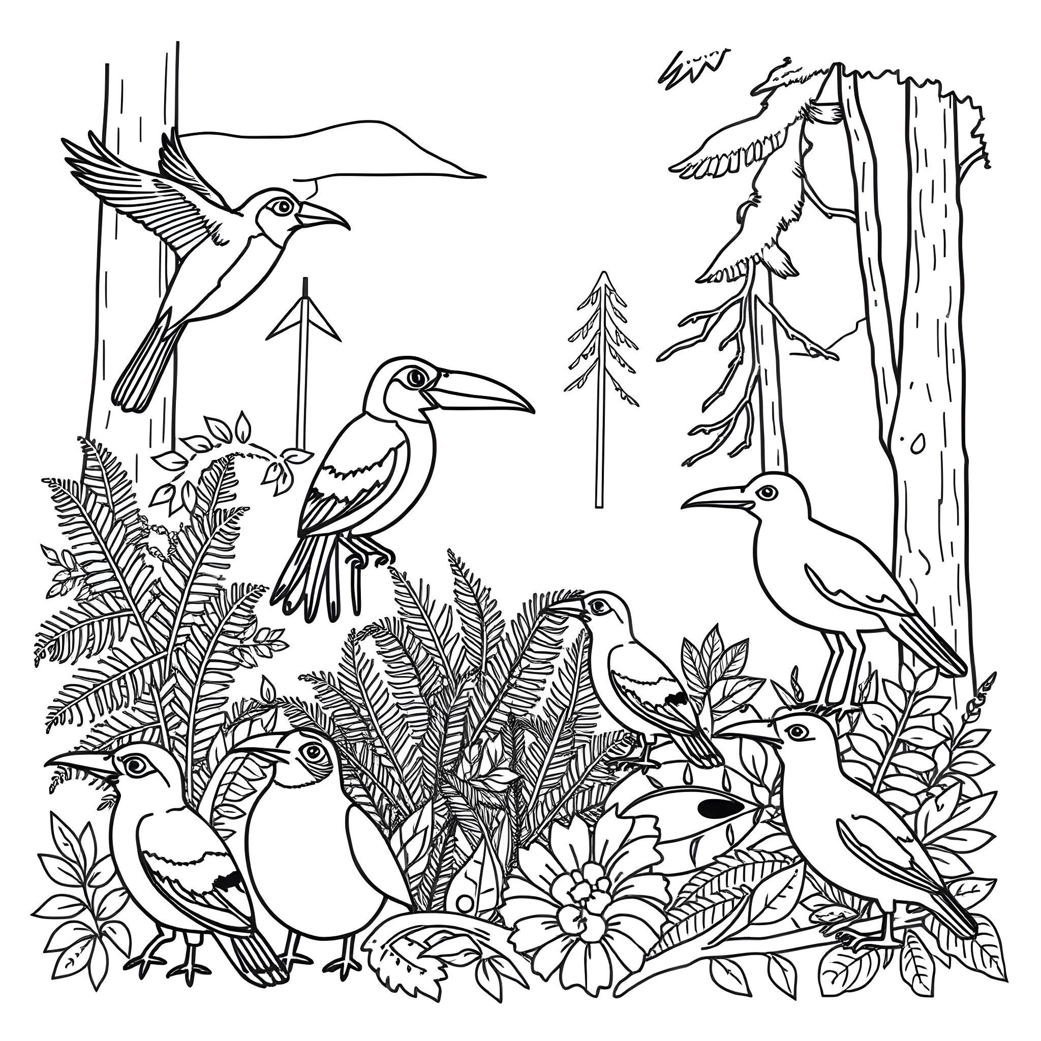 Bird family in the lush forest Coloring Page (free black-and-white line drawing printable PDF for all, from beginners to advanced learners, including children, teens, adults, and seniors)