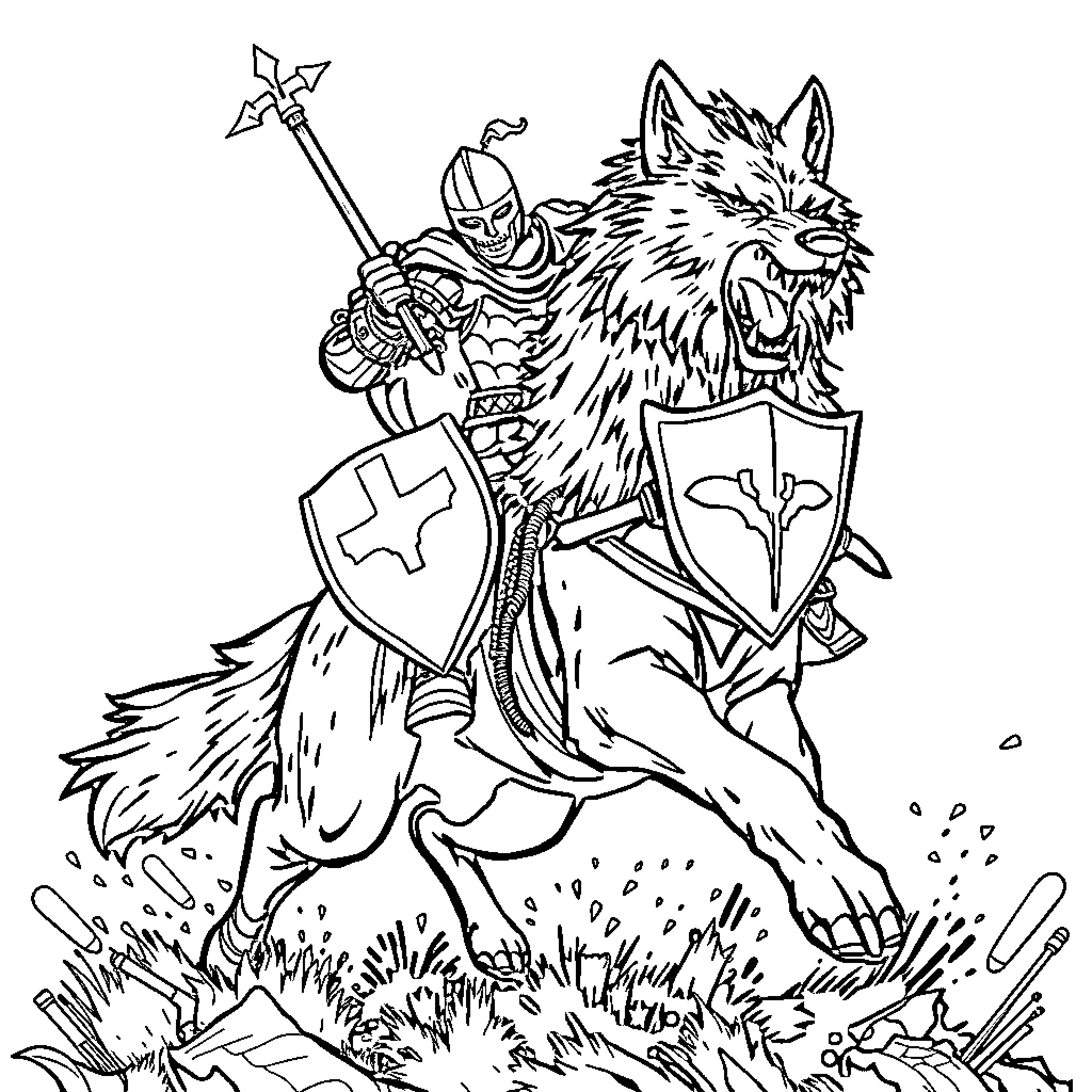 Knight riding a fierce wolf with weapons and shields Coloring Page (free black-and-white line drawing printable PDF for all, from beginners to advanced learners, including children, teens, adults, and seniors)