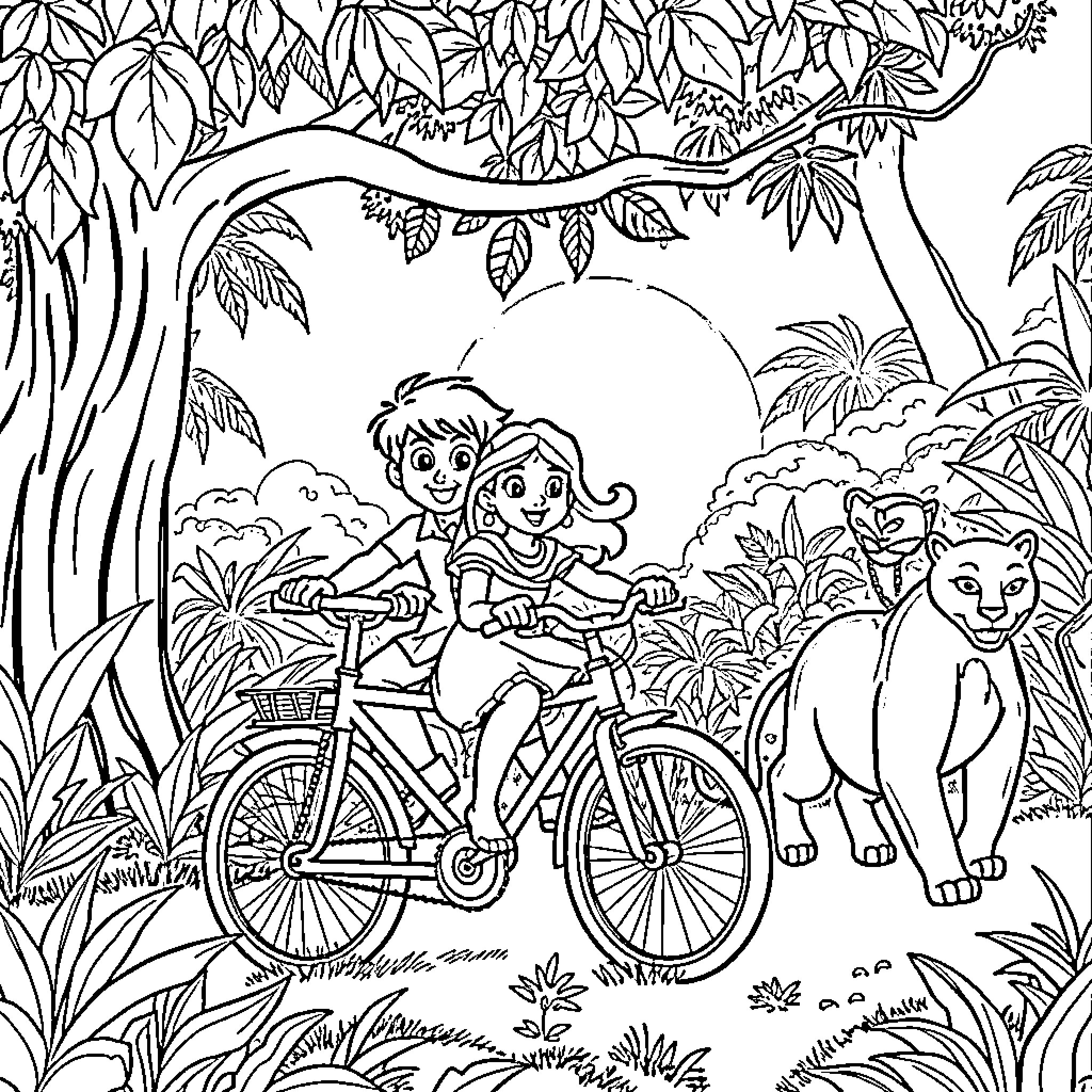 Mowgli and Shanti Exploring the Jungle on Bicycles Coloring Page (free black-and-white line drawing printable PDF for all, from beginners to advanced learners, including children, teens, adults, and seniors)