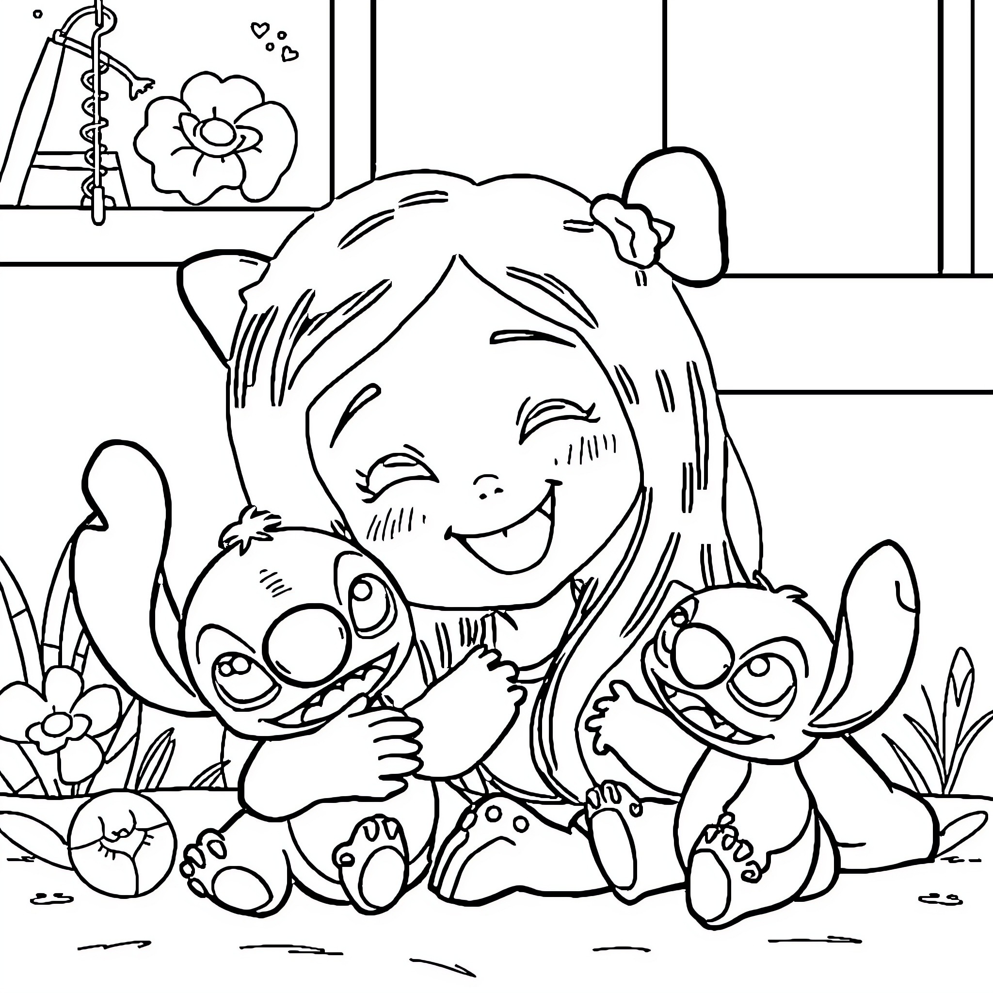 Girl playing with cute cartoon animals Coloring Page (free black-and-white line drawing printable PDF for all, from beginners to advanced learners, including children, teens, adults, and seniors)