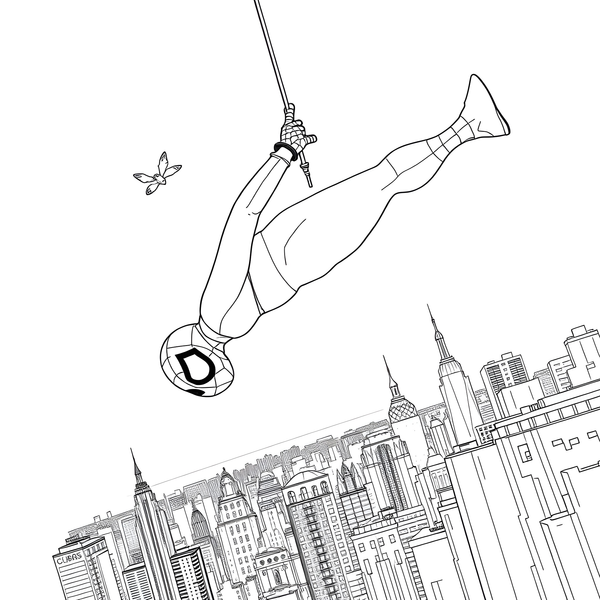 Spider-Man swinging heroically through the city skyline Coloring Page (free black-and-white line drawing printable PDF for all, from beginners to advanced learners, including children, teens, adults, and seniors)