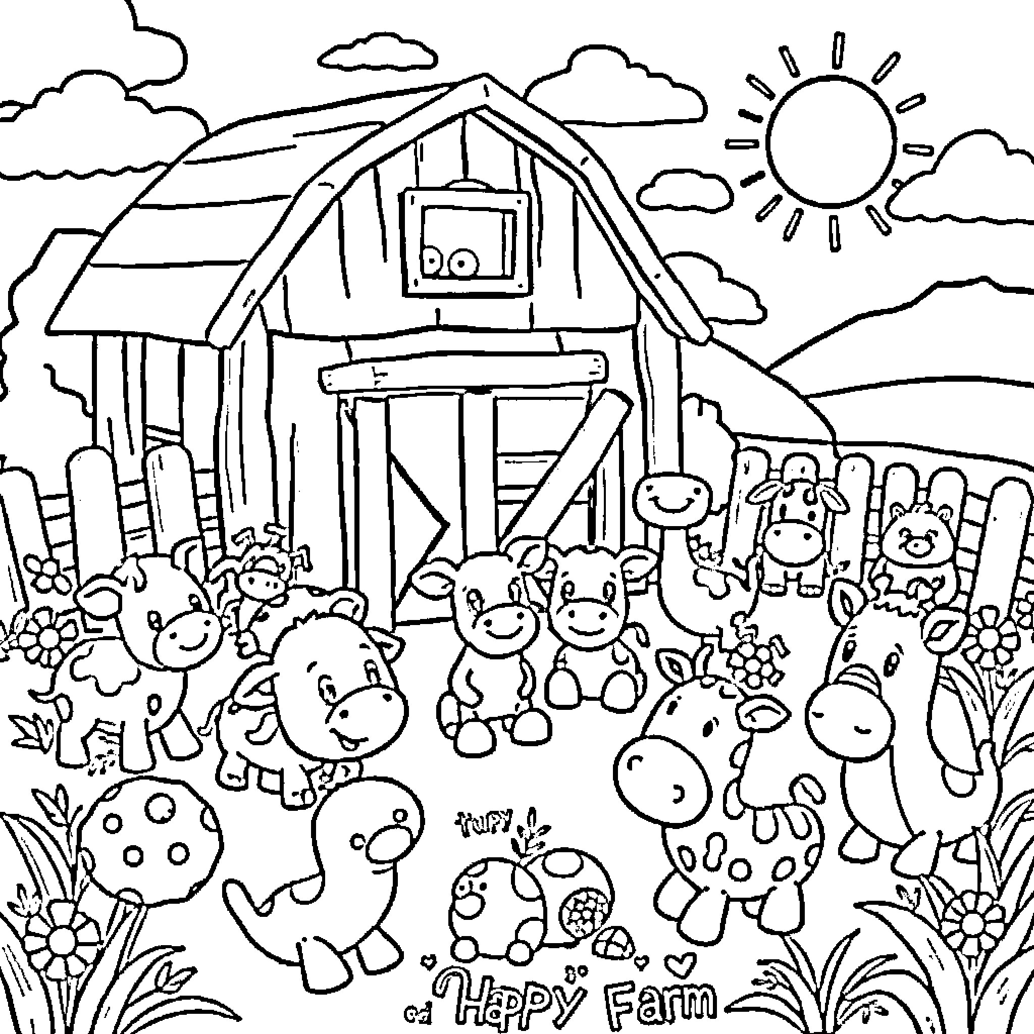 Toy Story Farm Animals at Sunny Countryside Coloring Page (free black-and-white line drawing printable PDF for all, from beginners to advanced learners, including children, teens, adults, and seniors)
