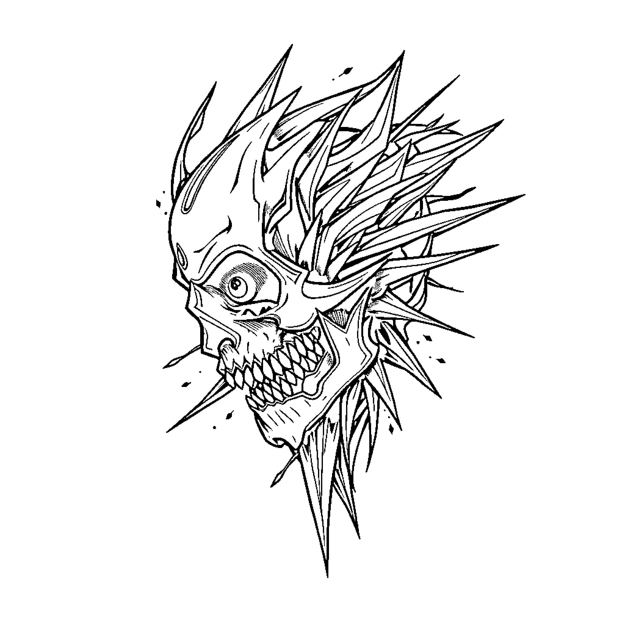 Tattoo of a fierce punk skull with spiky hair Coloring Page (free black-and-white line drawing printable PDF for all, from beginners to advanced learners, including children, teens, adults, and seniors)