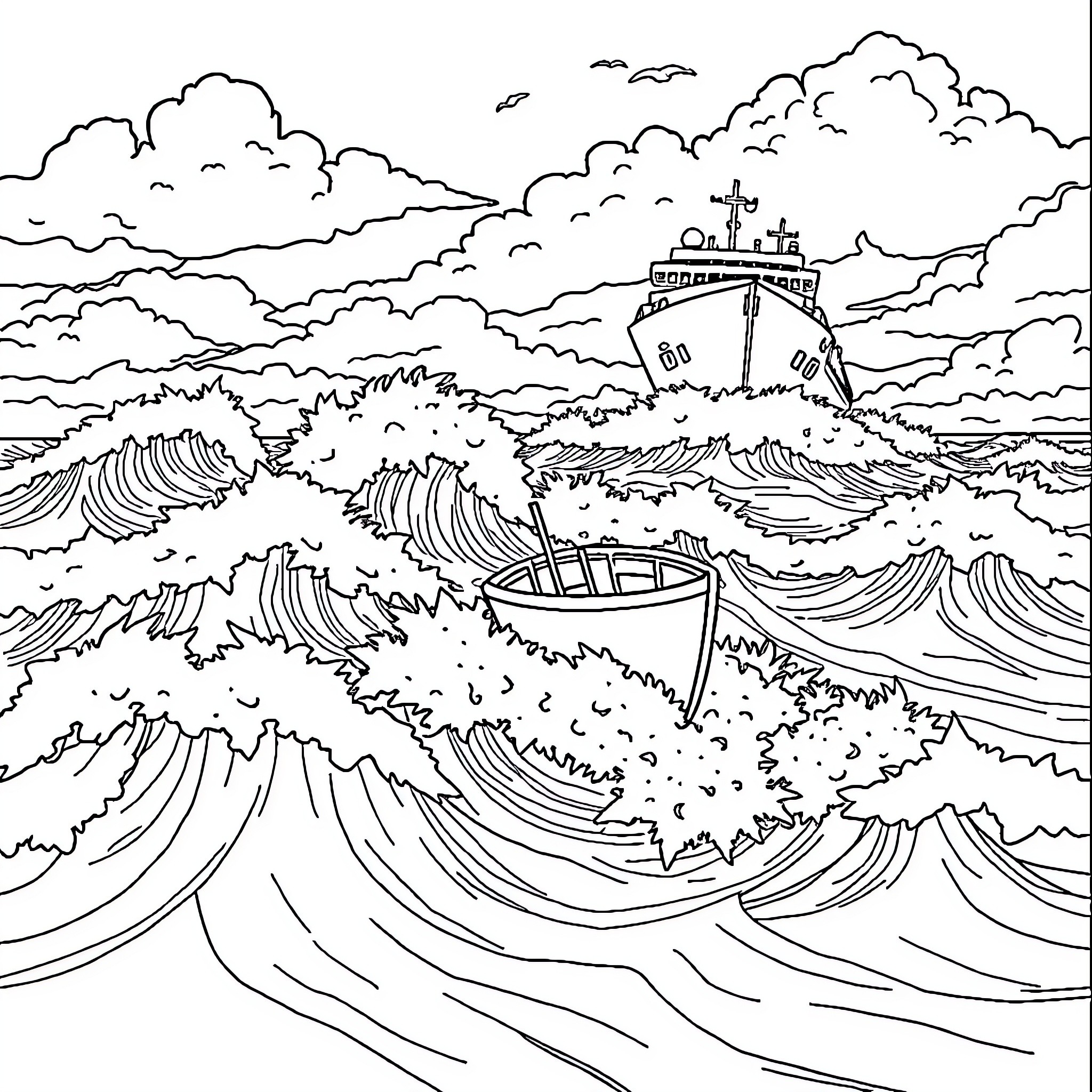 Boat sailing on stormy ocean with dramatic waves Coloring Page (free black-and-white line drawing printable PDF for all, from beginners to advanced learners, including children, teens, adults, and seniors)
