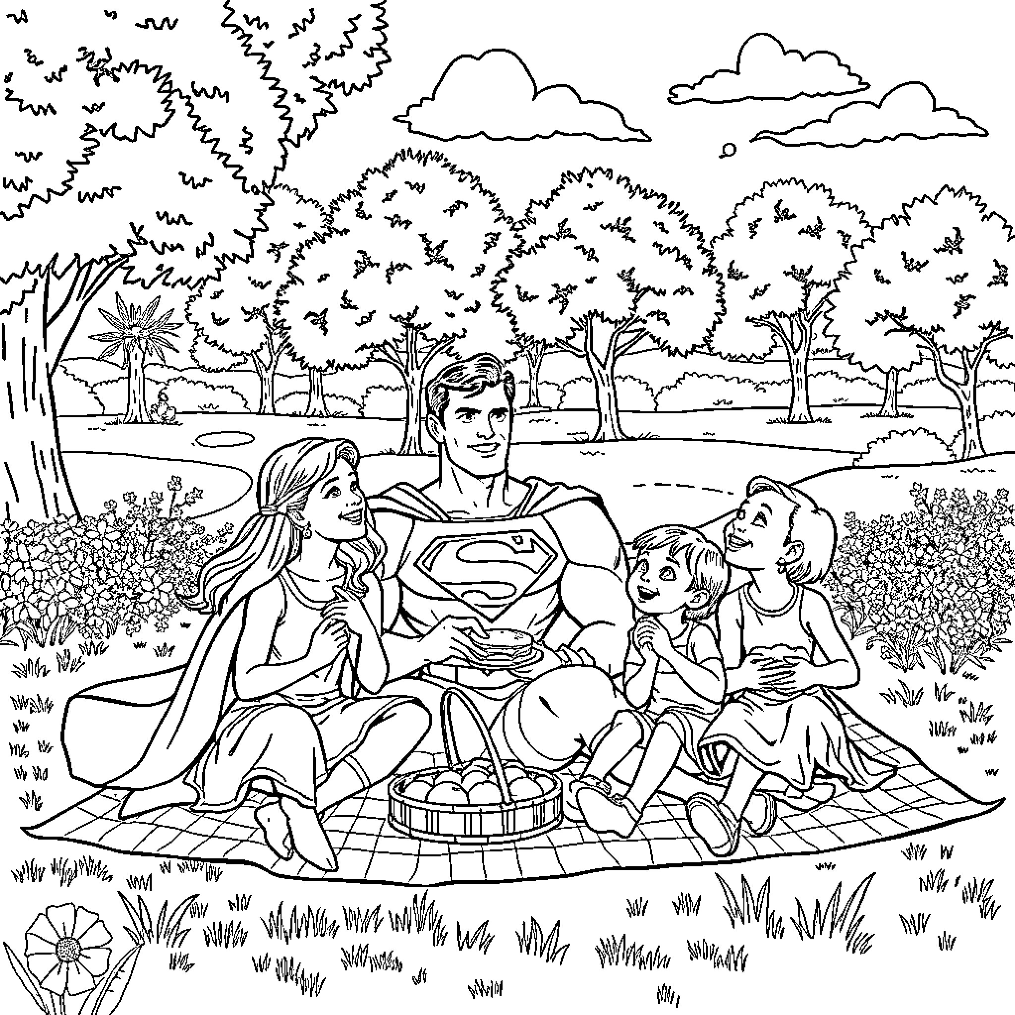 Superman's Outdoor Picnic with Family Coloring Page (free black-and-white line drawing printable PDF for all, from beginners to advanced learners, including children, teens, adults, and seniors)