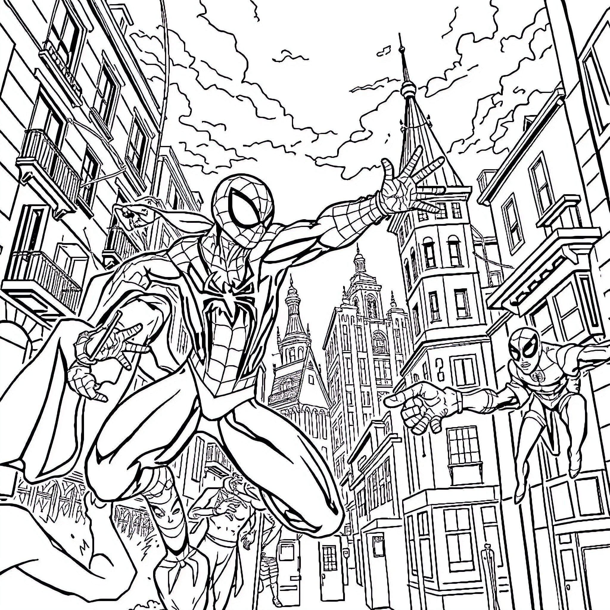 Spiderman's thrilling adventures in the city Coloring Page (free black-and-white line drawing printable PDF for all, from beginners to advanced learners, including children, teens, adults, and seniors)