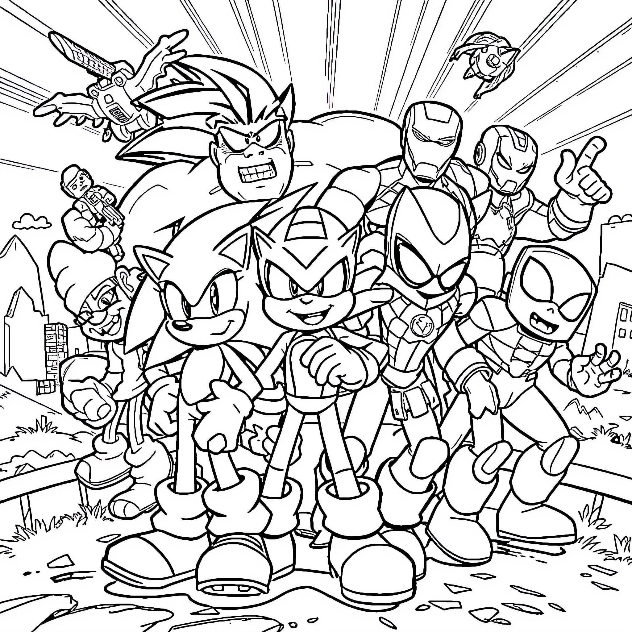 Superhero Cartoon Characters in Action-Packed Scene Coloring Page (free black-and-white line drawing printable PDF for all, from beginners to advanced learners, including children, teens, adults, and seniors)