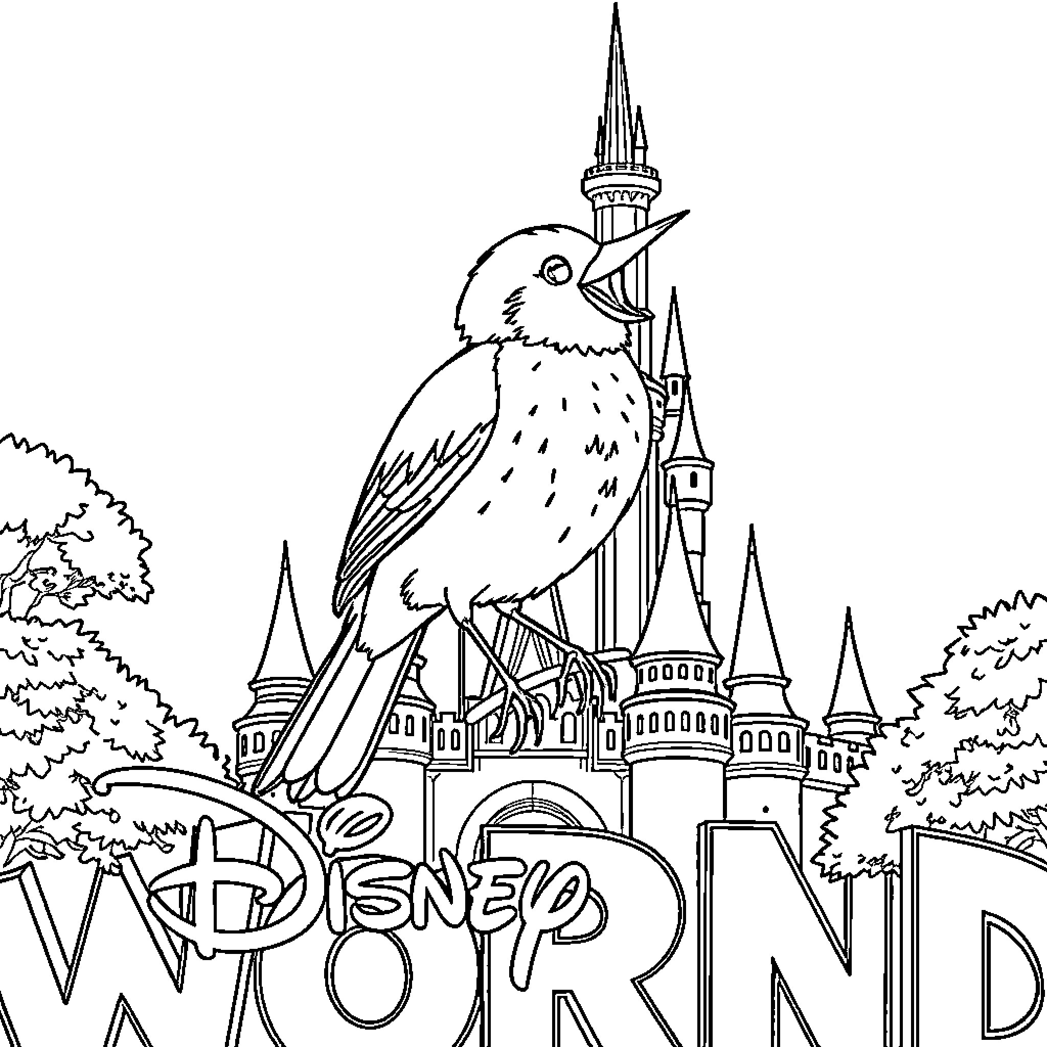 Bird perching on Disney World castle Coloring Page (free black-and-white line drawing printable PDF for all, from beginners to advanced learners, including children, teens, adults, and seniors)