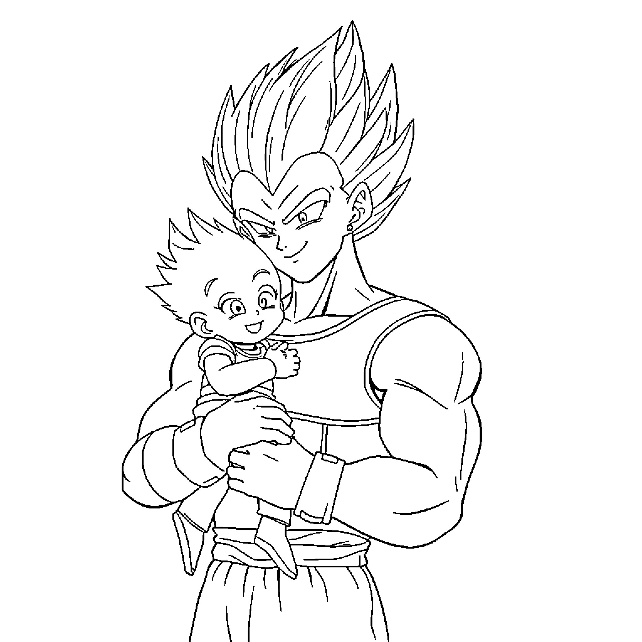 Vegeta Protectively Holding a Child Coloring Page (free black-and-white line drawing printable PDF for all, from beginners to advanced learners, including children, teens, adults, and seniors)