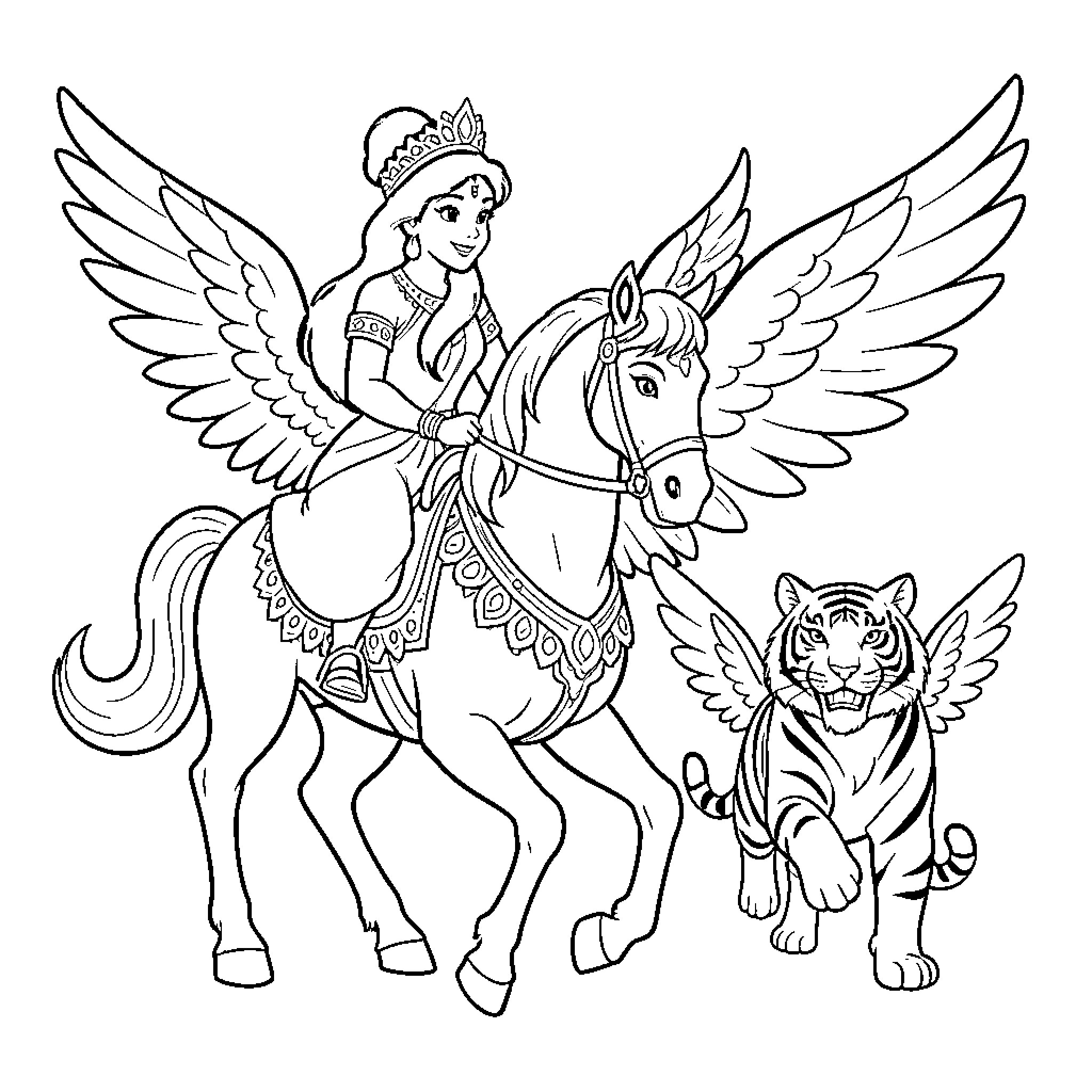 Jasmine riding a winged horse alongside a winged tiger Coloring Page (free black-and-white line drawing printable PDF for all, from beginners to advanced learners, including children, teens, adults, and seniors)