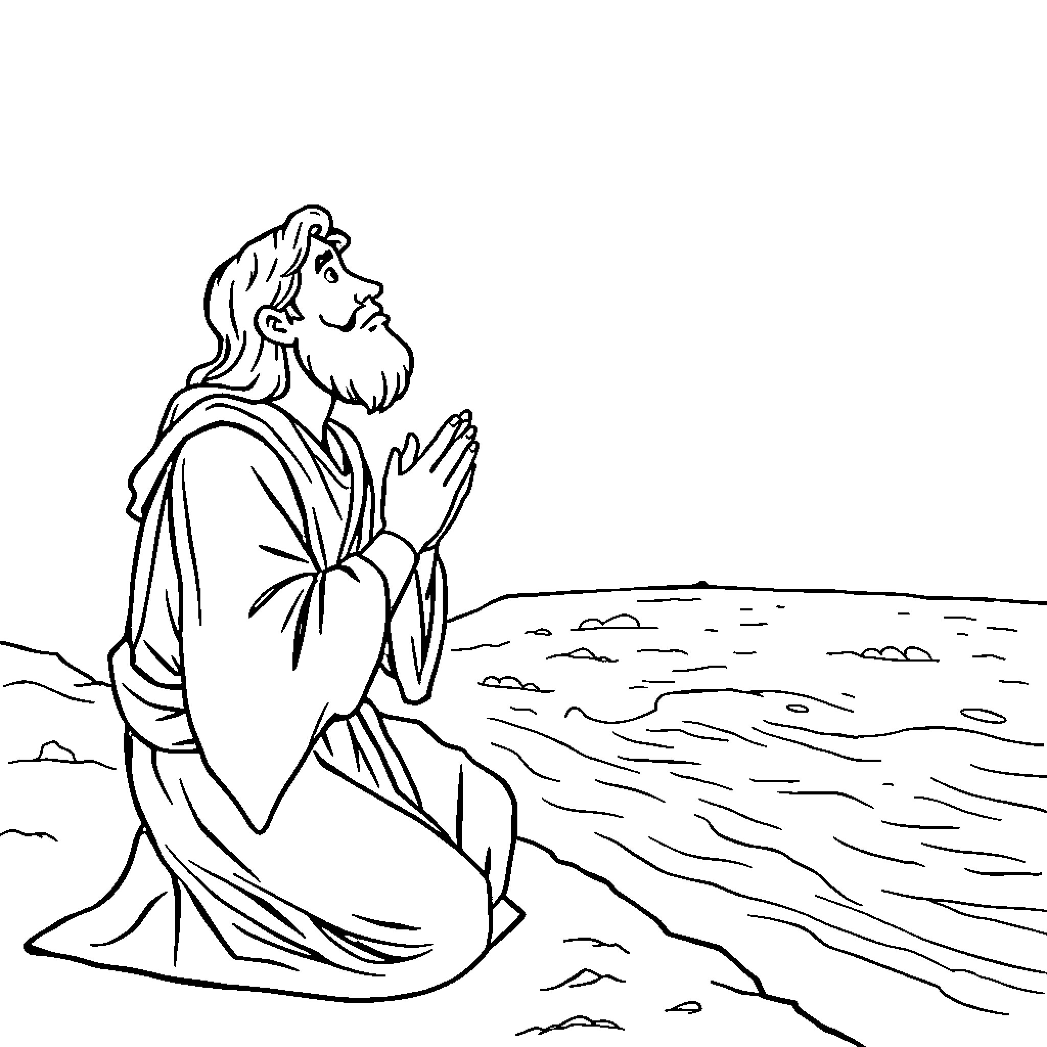 Daniel praying humbly in the wilderness Coloring Page (free black-and-white line drawing printable PDF for all, from beginners to advanced learners, including children, teens, adults, and seniors)