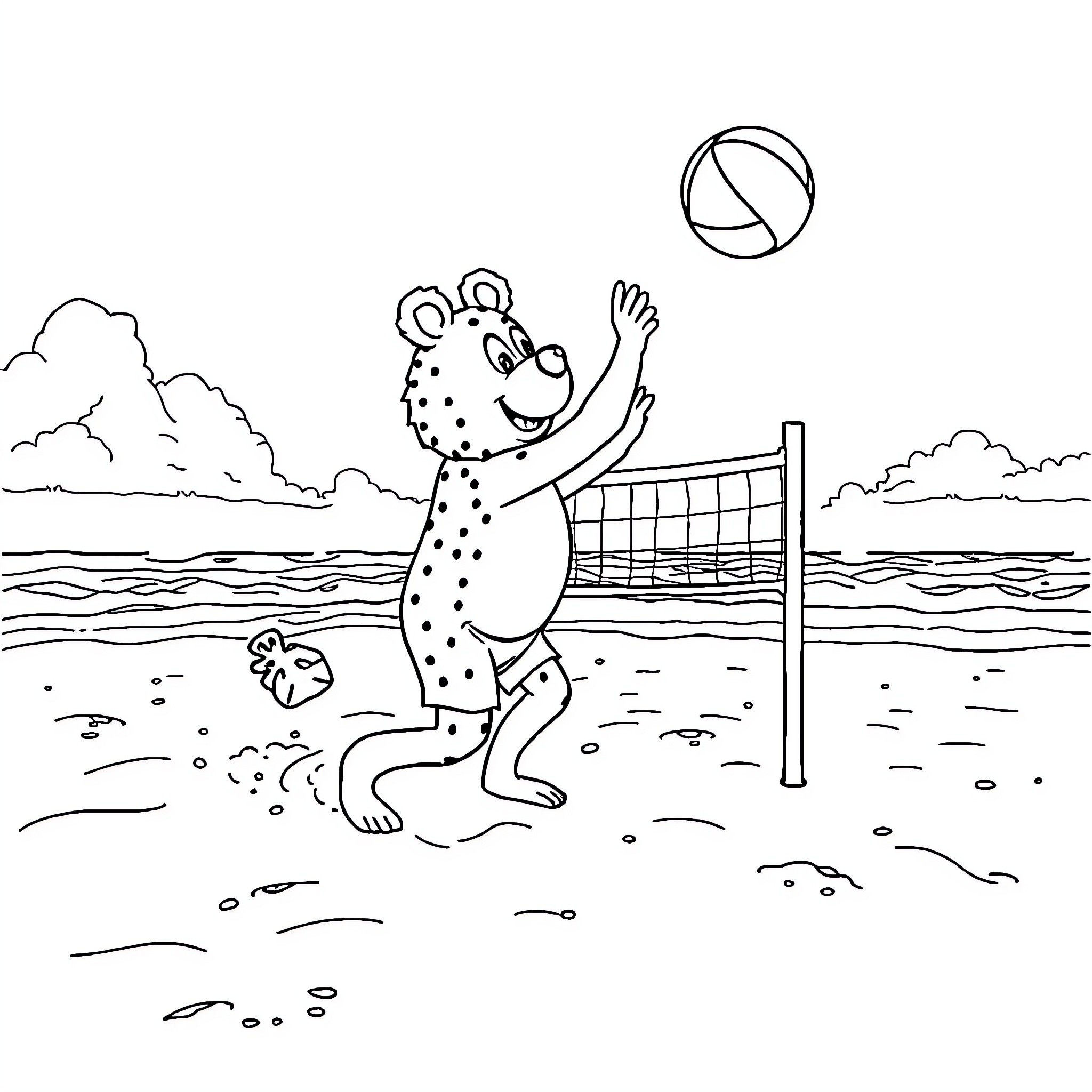 Stick figure playing volleyball by the beach Coloring Page (free black-and-white line drawing printable PDF for all, from beginners to advanced learners, including children, teens, adults, and seniors)