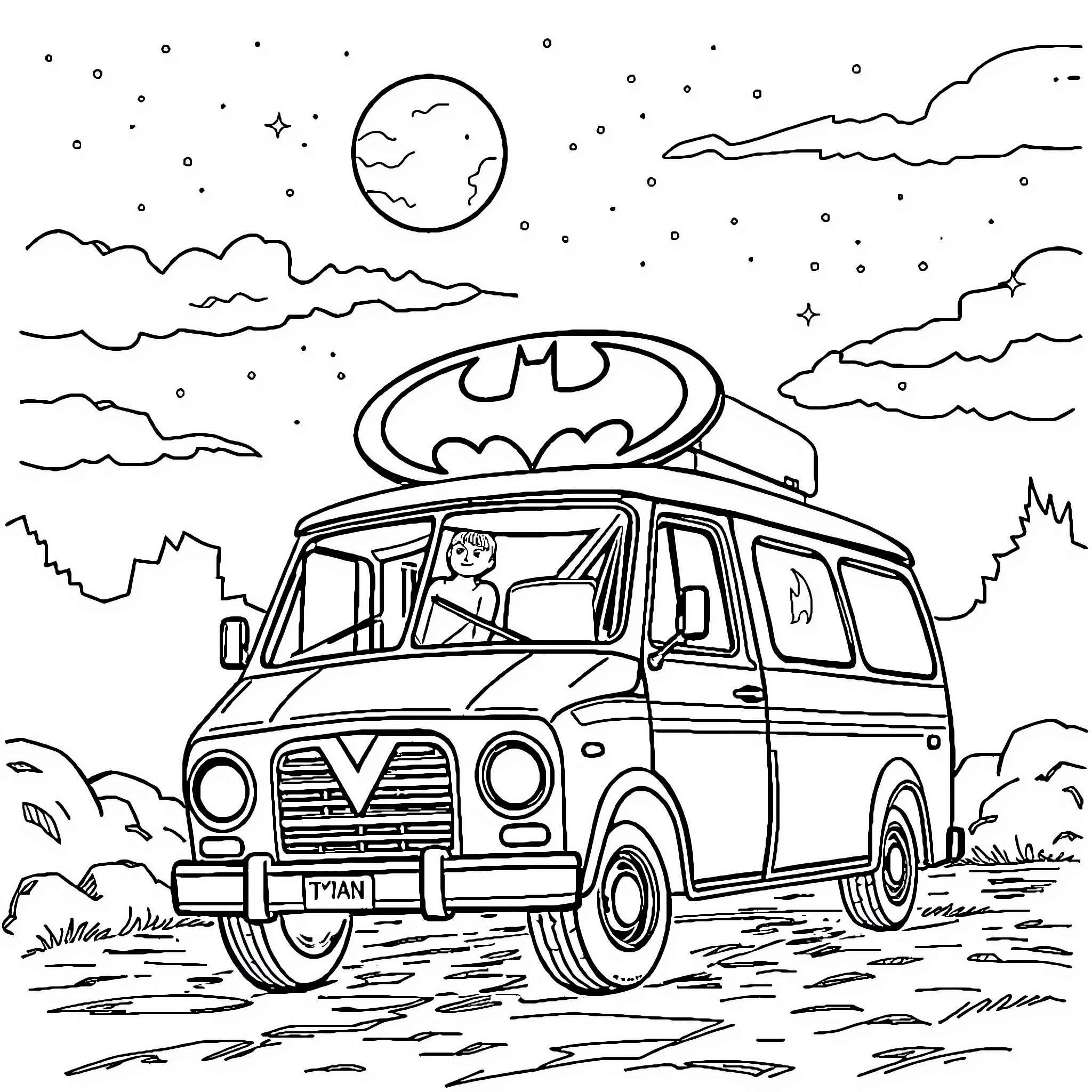 Batvan under the night sky Coloring Page (free black-and-white line drawing printable PDF for all, from beginners to advanced learners, including children, teens, adults, and seniors)