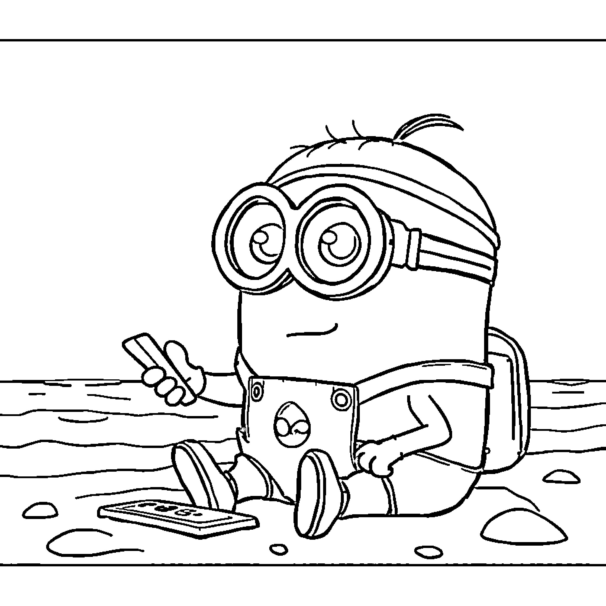 Minion relaxing on the beach with gadgets Coloring Page (free black-and-white line drawing printable PDF for all, from beginners to advanced learners, including children, teens, adults, and seniors)