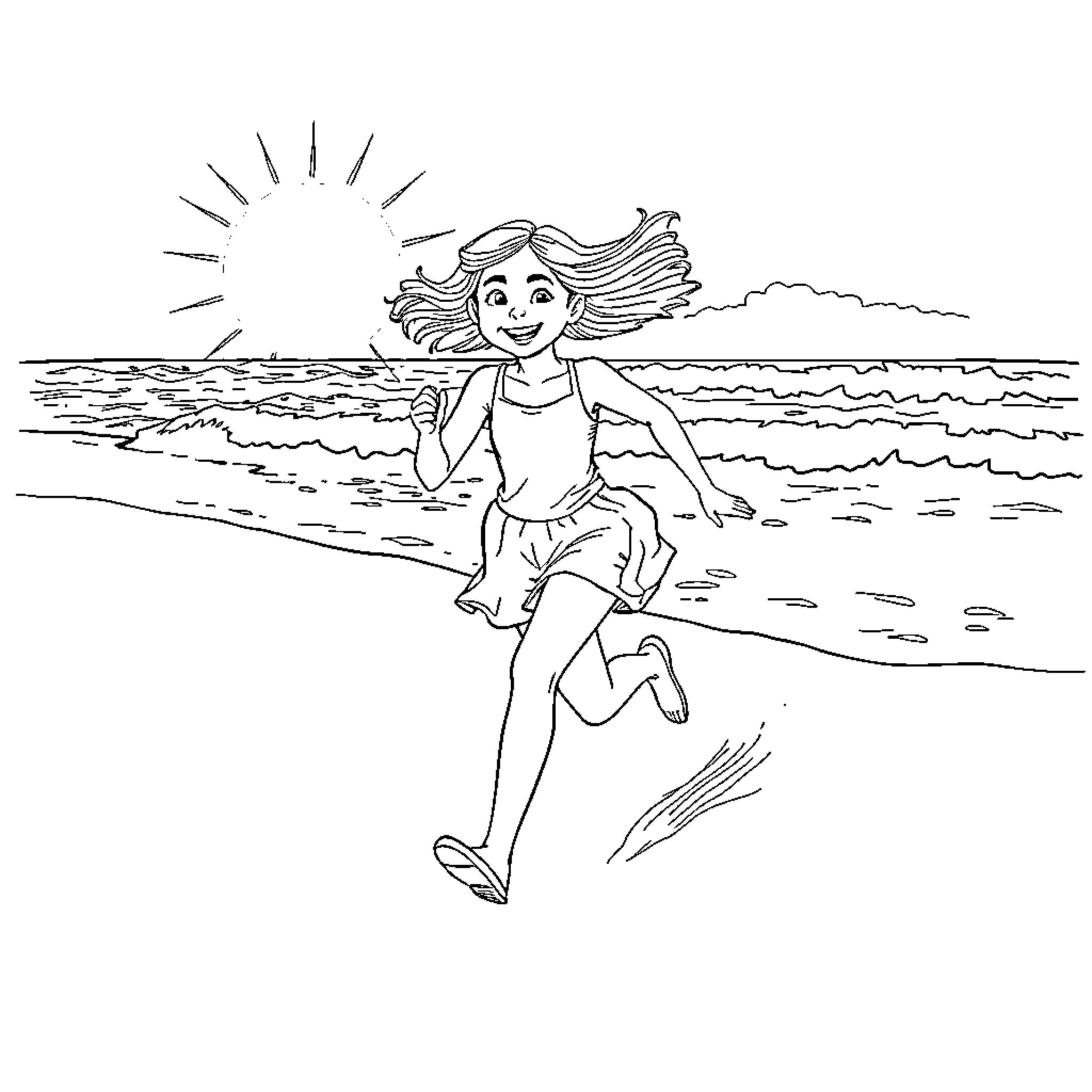Girl running happily on the beach Coloring Page (free black-and-white line drawing printable PDF for all, from beginners to advanced learners, including children, teens, adults, and seniors)