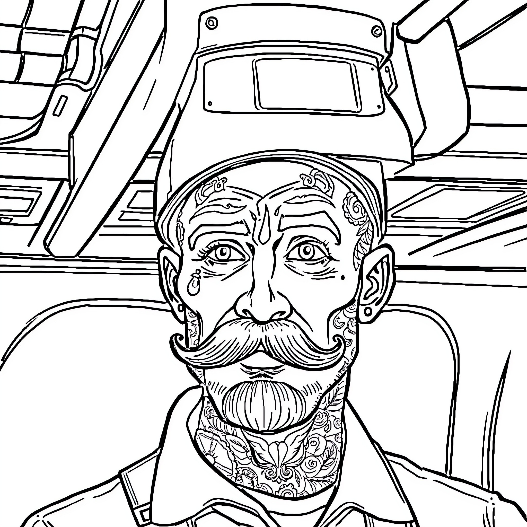 Airplane Mechanic with Tattoos and Facial Hair at Work Coloring Page (free black-and-white line drawing printable PDF for all, from beginners to advanced learners, including children, teens, adults, and seniors)