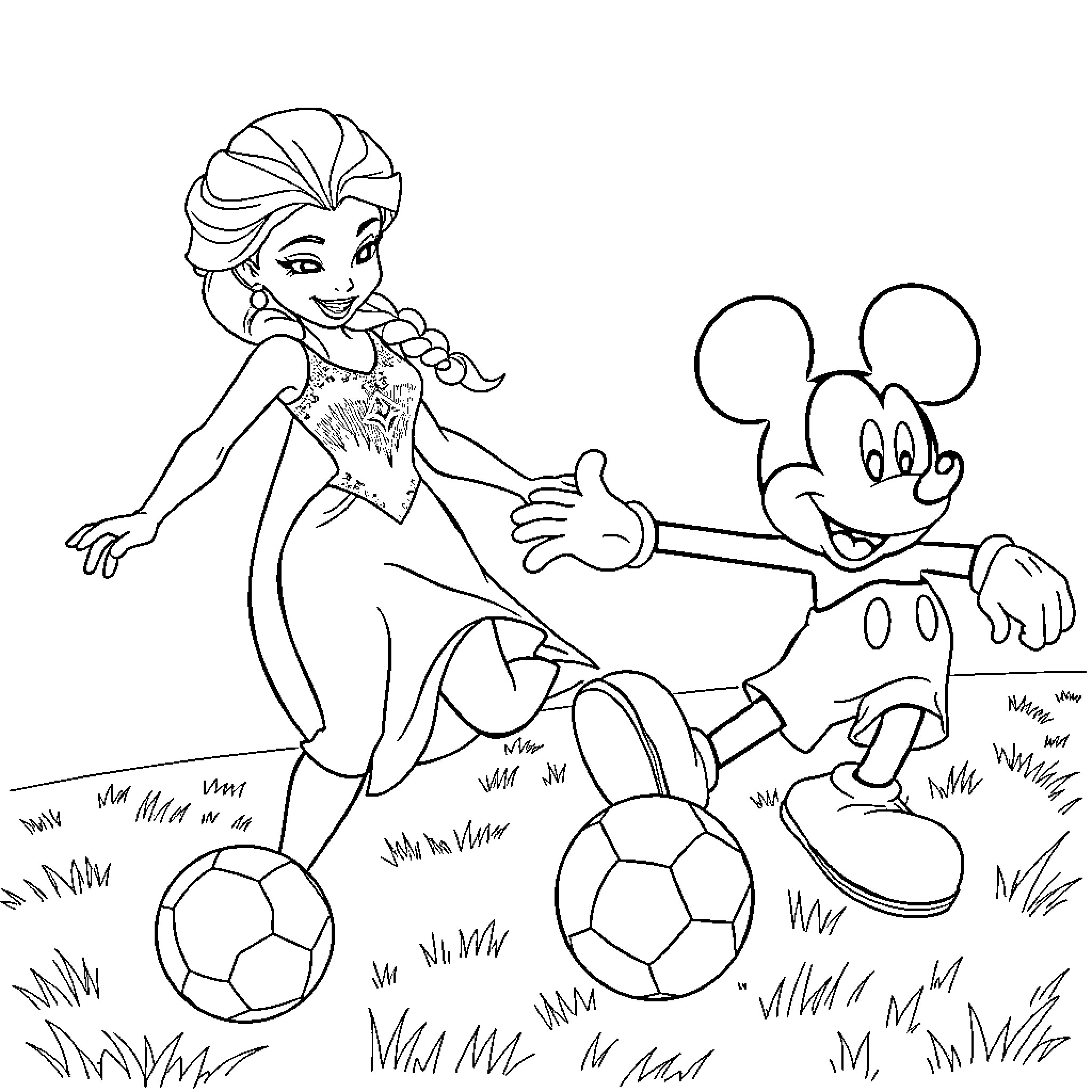 Elsa and Mickey playing soccer together in a field Coloring Page (free black-and-white line drawing printable PDF for all, from beginners to advanced learners, including children, teens, adults, and seniors)