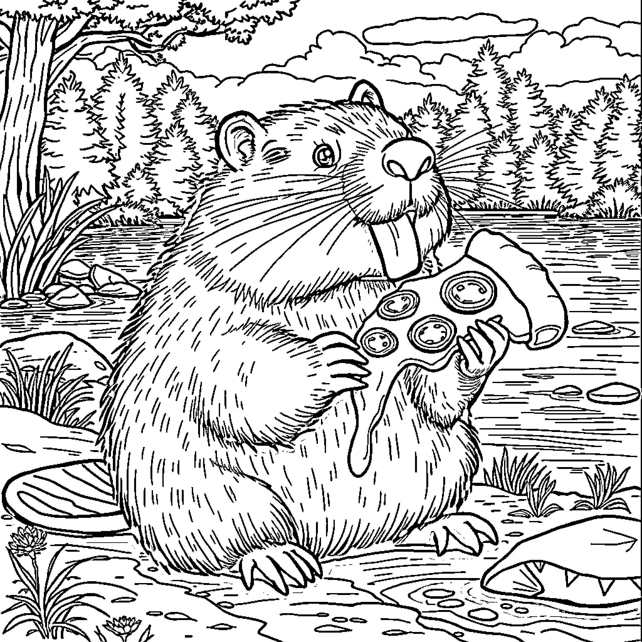 Beaver enjoying a snack by the lakeside Coloring Page (free black-and-white line drawing printable PDF for all, from beginners to advanced learners, including children, teens, adults, and seniors)
