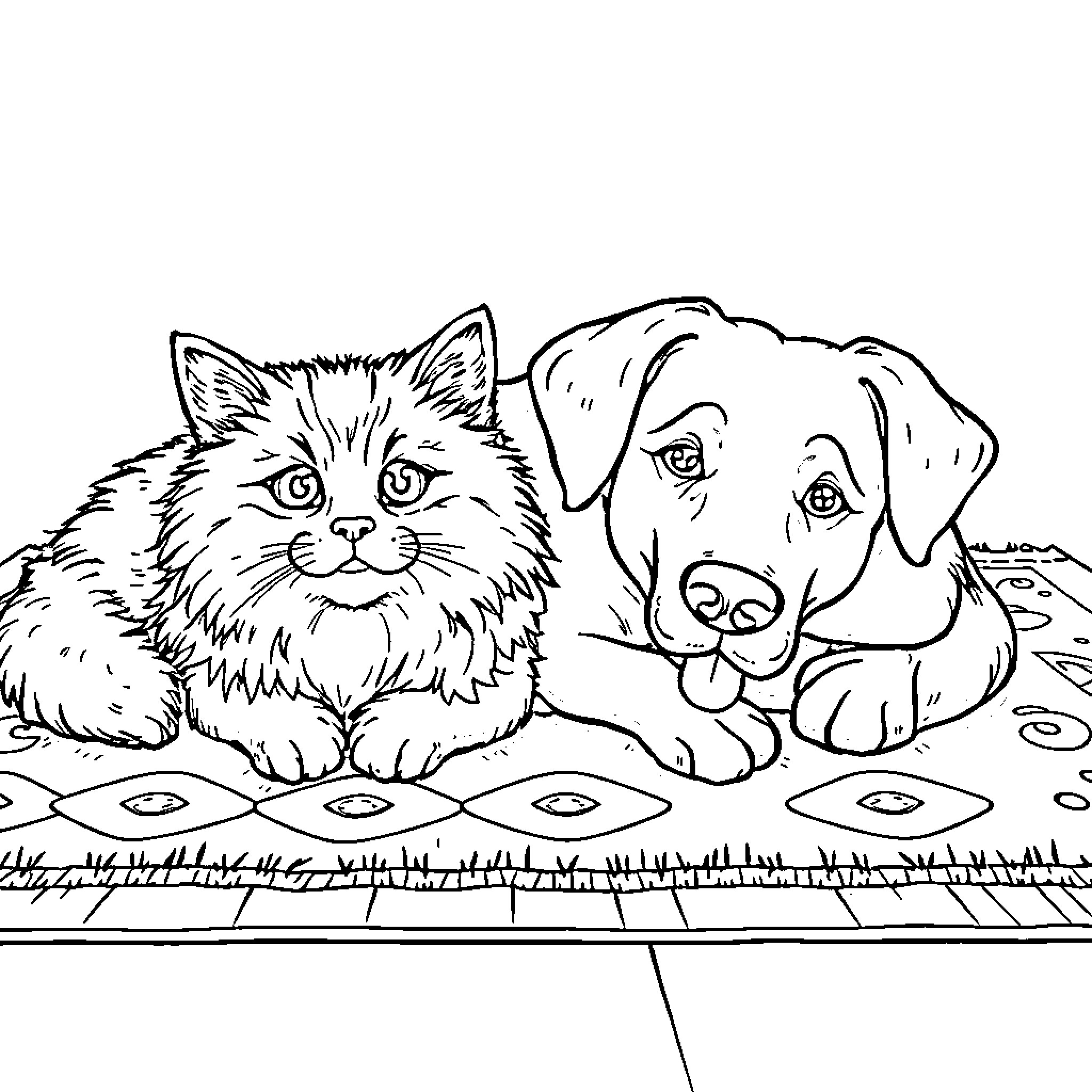 Cat and dog relaxing together Coloring Page (free black-and-white line drawing printable PDF for all, from beginners to advanced learners, including children, teens, adults, and seniors)