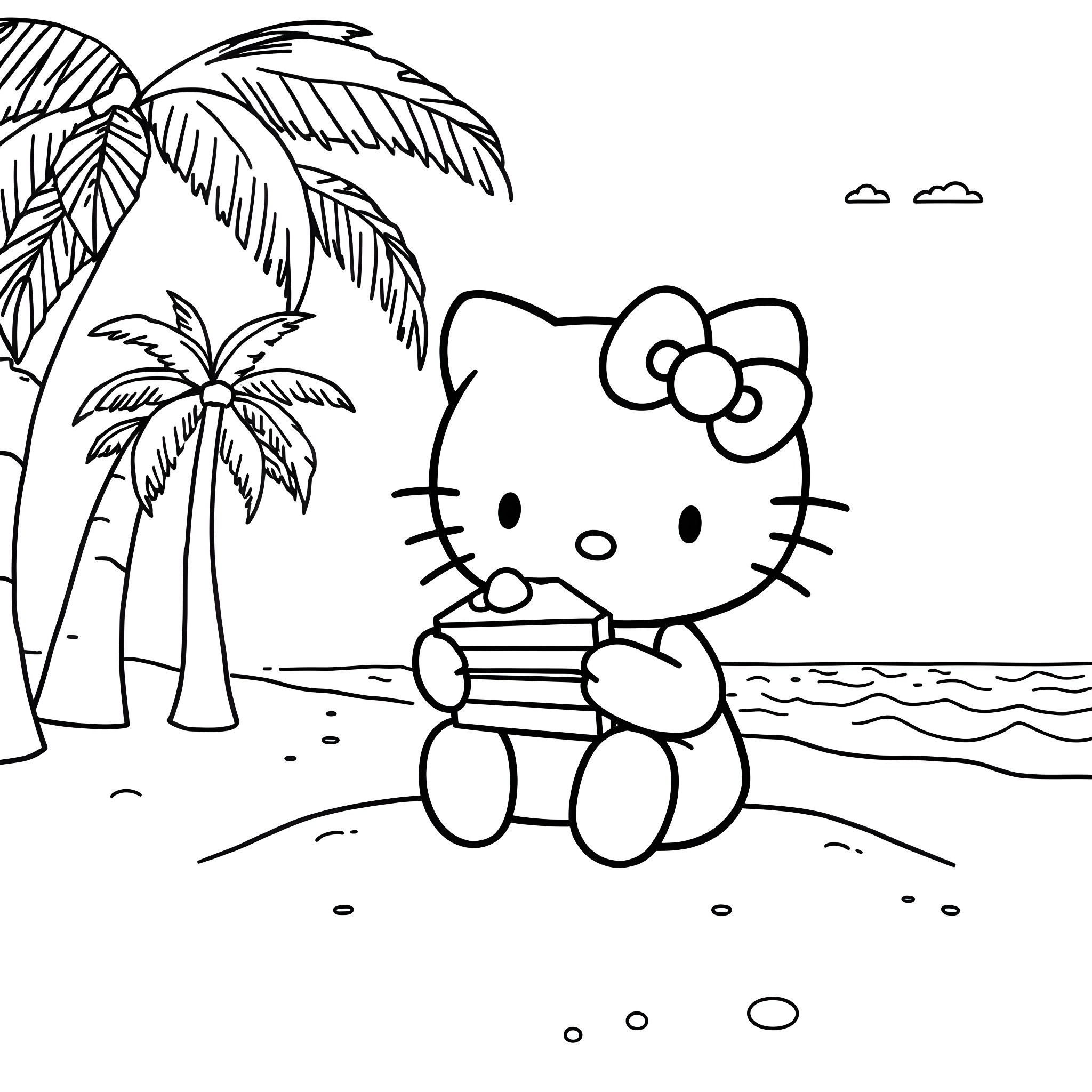 Hello Kitty relaxing on the beach Coloring Page (free black-and-white line drawing printable PDF for all, from beginners to advanced learners, including children, teens, adults, and seniors)