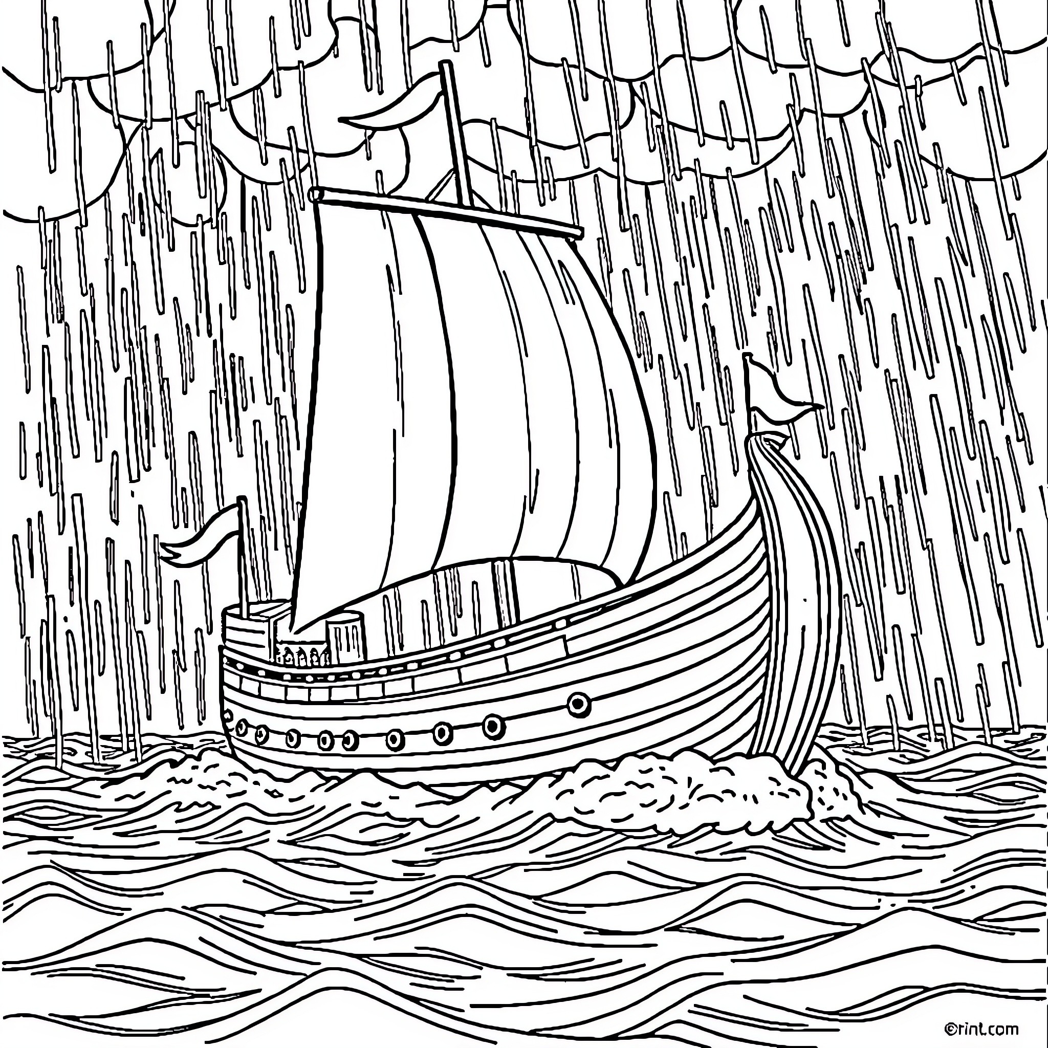 Noah's Ark sailing through the stormy sea Coloring Page (free black-and-white line drawing printable PDF for all, from beginners to advanced learners, including children, teens, adults, and seniors)