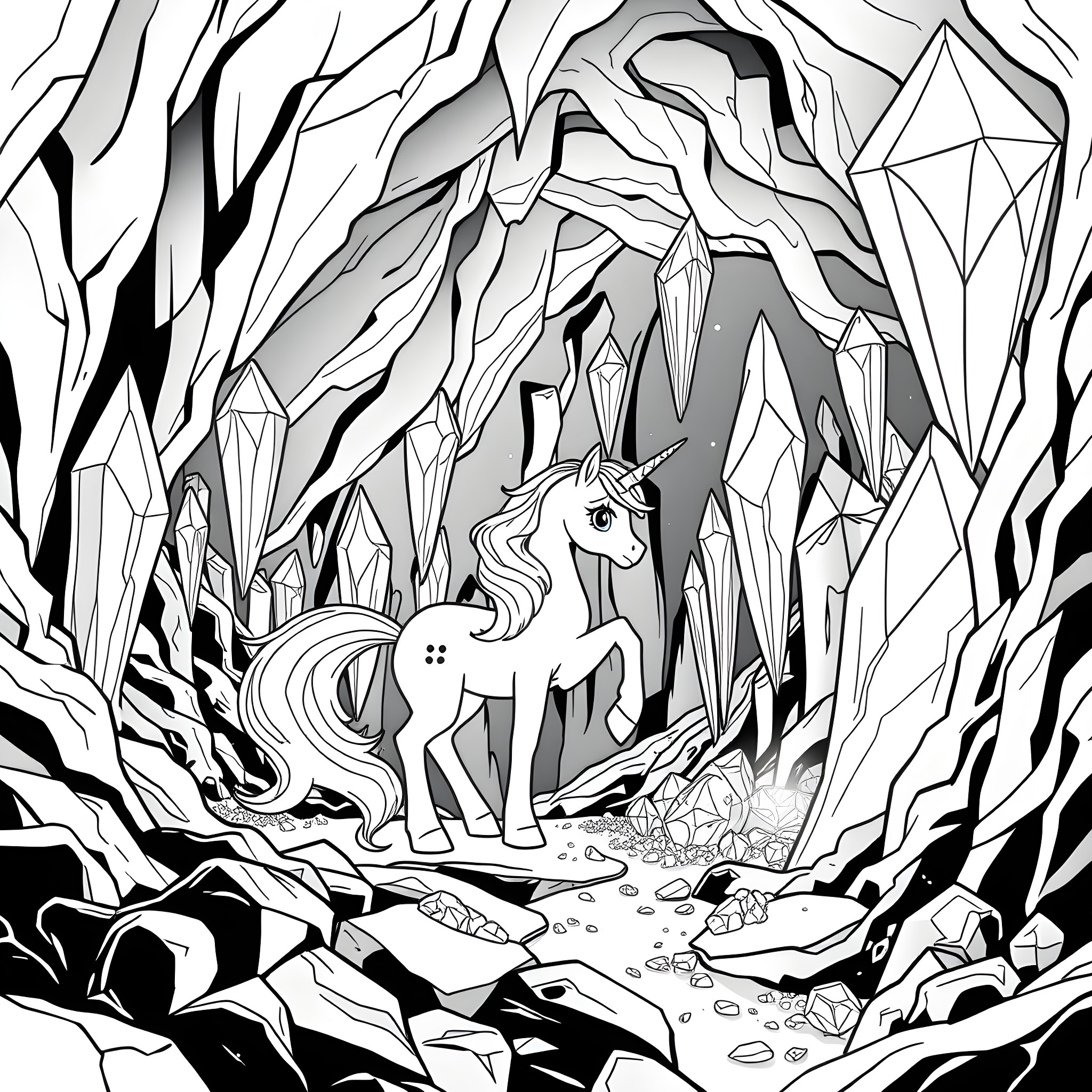 Rarity in the Crystalline Cavern Coloring Page (free black-and-white line drawing printable PDF for all, from beginners to advanced learners, including children, teens, adults, and seniors)