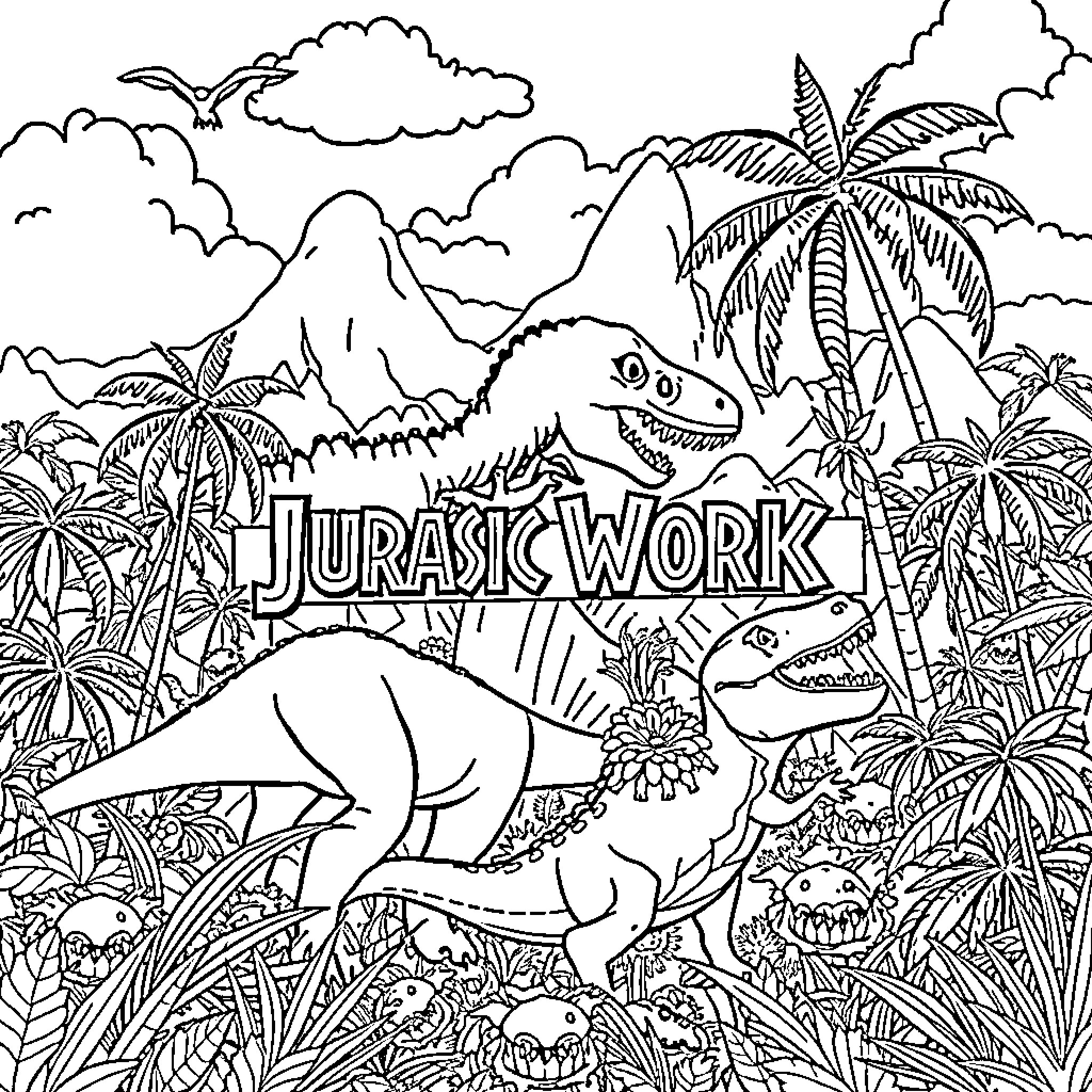 Dinosaurs Roaming in Jurassic Landscape Coloring Page (free black-and-white line drawing printable PDF for all, from beginners to advanced learners, including children, teens, adults, and seniors)