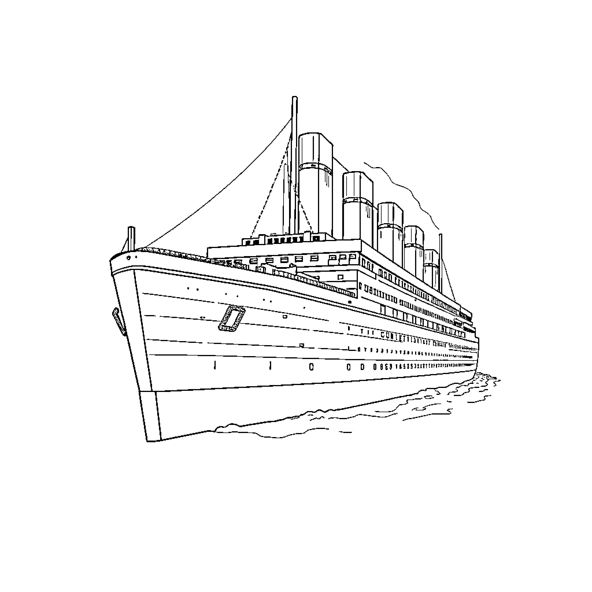 Titanic ship sailing on the ocean Coloring Page (free black-and-white line drawing printable PDF for all, from beginners to advanced learners, including children, teens, adults, and seniors)