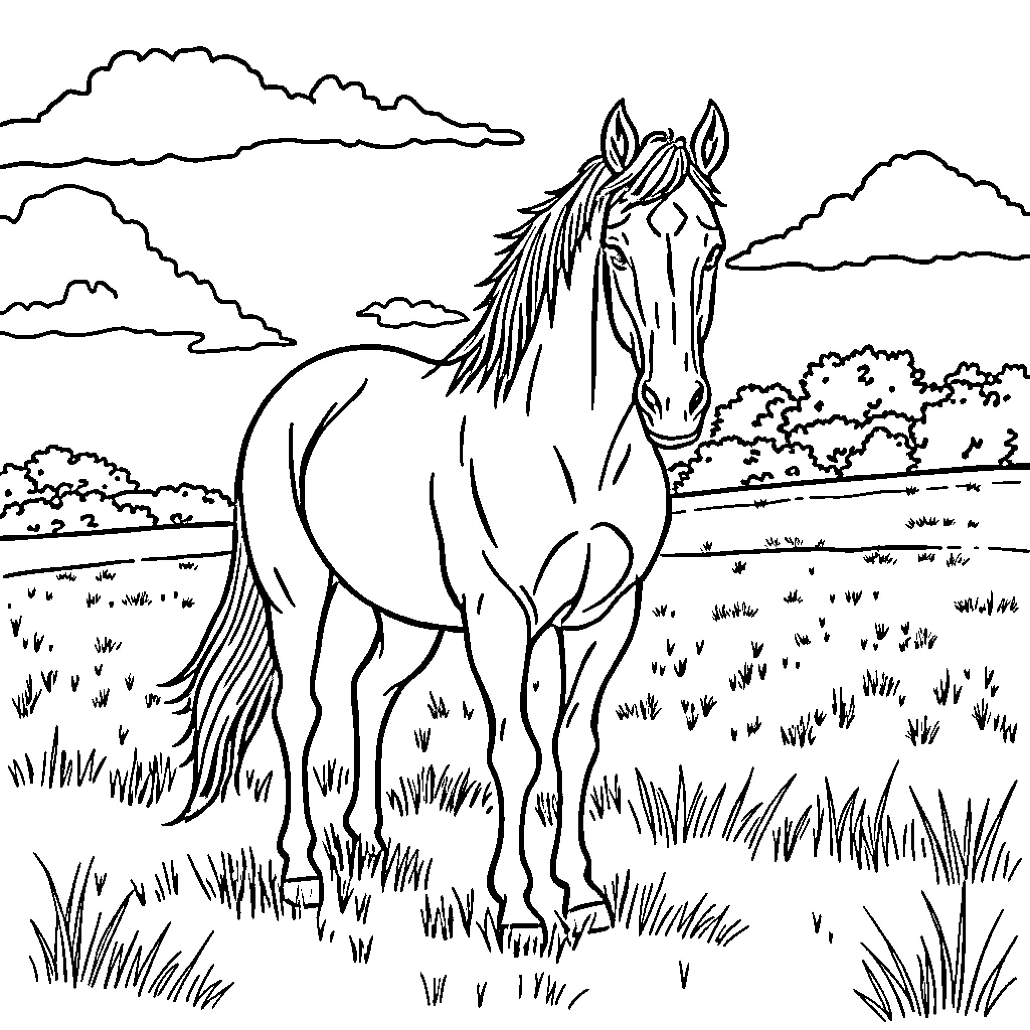 Horse standing majestically in a pastoral landscape Coloring Page (free black-and-white line drawing printable PDF for all, from beginners to advanced learners, including children, teens, adults, and seniors)