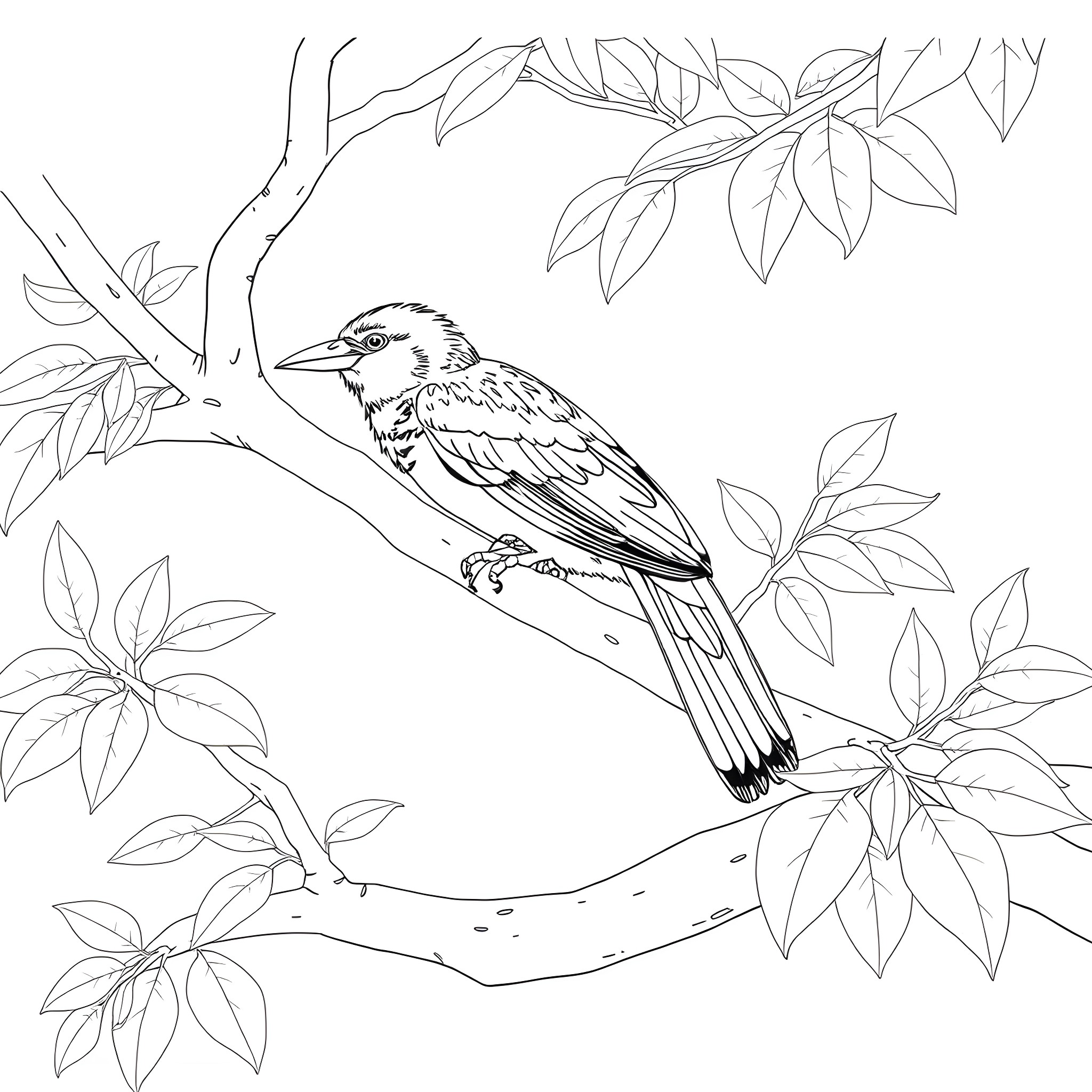 Passerina bird perched on a branch Coloring Page (free black-and-white line drawing printable PDF for all, from beginners to advanced learners, including children, teens, adults, and seniors)