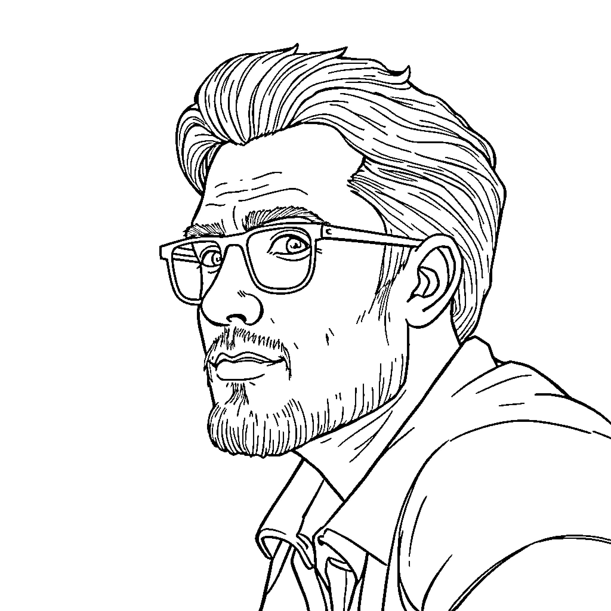 Anton's thoughtful expression with glasses and beard Coloring Page (free black-and-white line drawing printable PDF for all, from beginners to advanced learners, including children, teens, adults, and seniors)