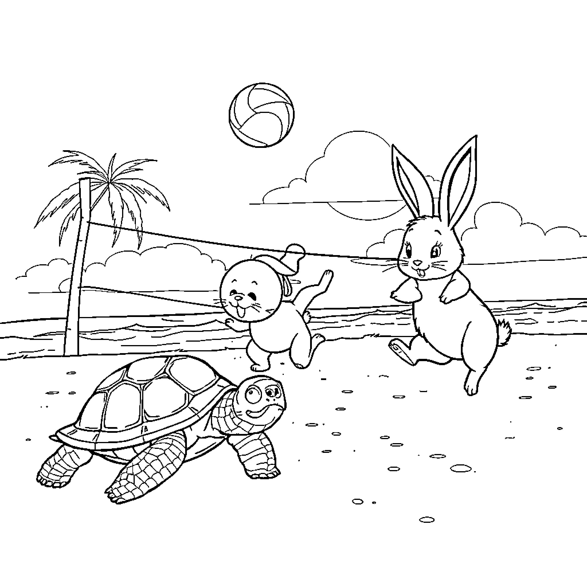Turtle playing on the beach with friends Coloring Page (free black-and-white line drawing printable PDF for all, from beginners to advanced learners, including children, teens, adults, and seniors)