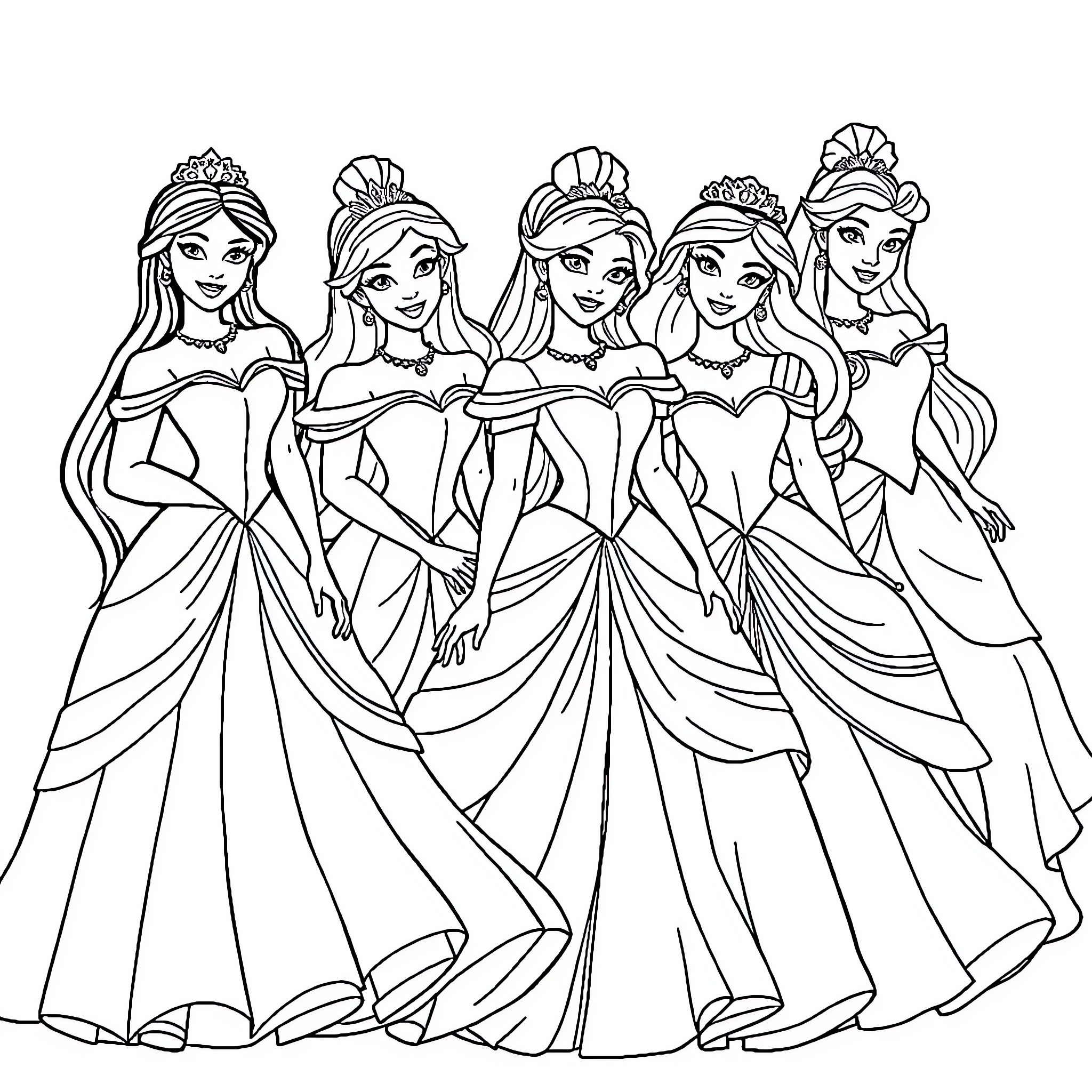 Disney Princess Elegant Dresses and Crowns Coloring Page (free black-and-white line drawing printable PDF for all, from beginners to advanced learners, including children, teens, adults, and seniors)