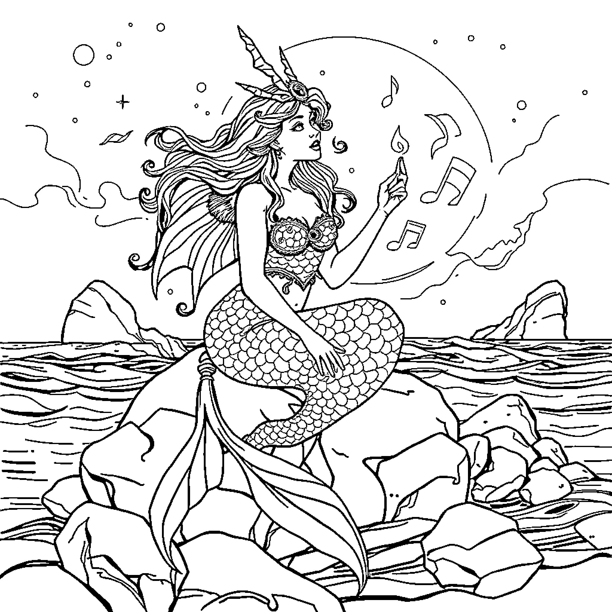 Siren singing mermaid melody by the moonlit sea Coloring Page (free black-and-white line drawing printable PDF for all, from beginners to advanced learners, including children, teens, adults, and seniors)