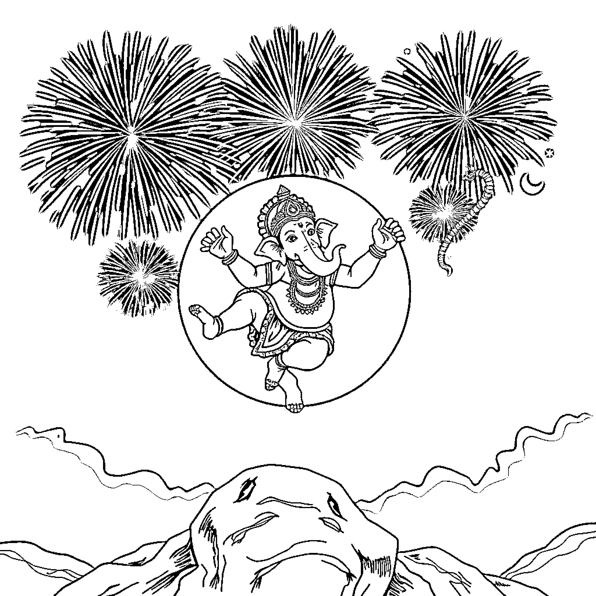 Ganesha dancing amidst vibrant fireworks display Coloring Page (free black-and-white line drawing printable PDF for all, from beginners to advanced learners, including children, teens, adults, and seniors)