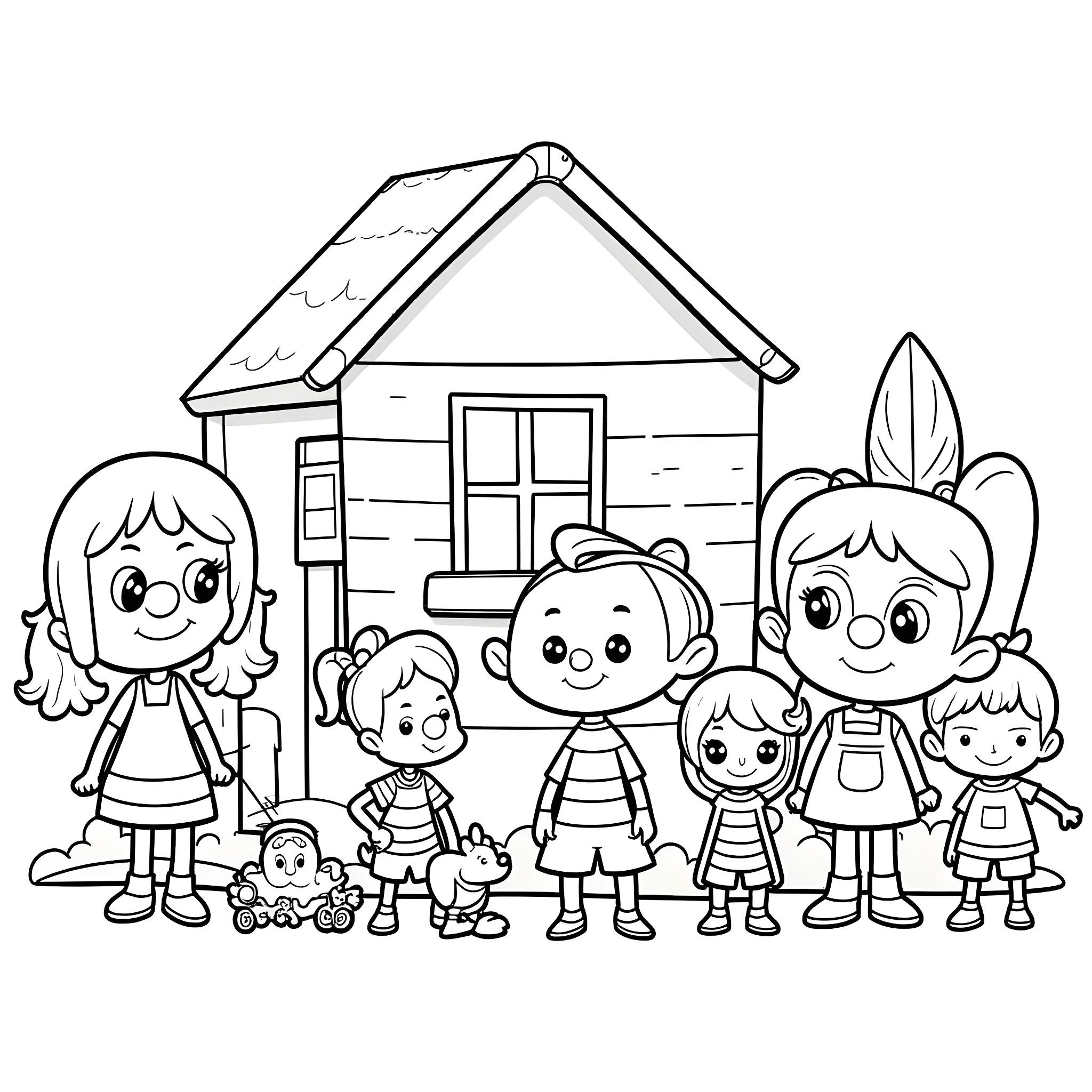 Loud House Characters Having Fun Together Coloring Page (free black-and-white line drawing printable PDF for all, from beginners to advanced learners, including children, teens, adults, and seniors)