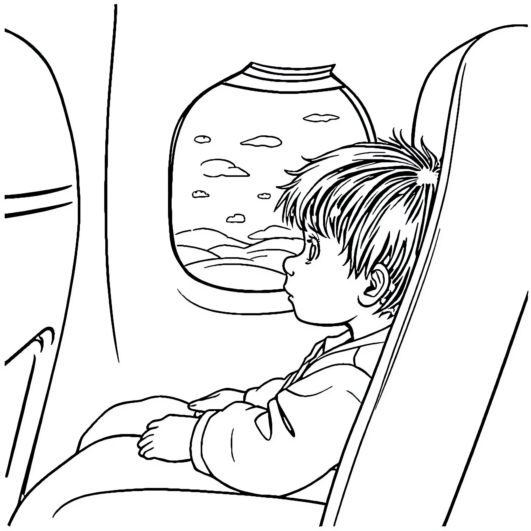 Child gazing at fish in aquarium Coloring Page (free black-and-white line drawing printable PDF for all, from beginners to advanced learners, including children, teens, adults, and seniors)