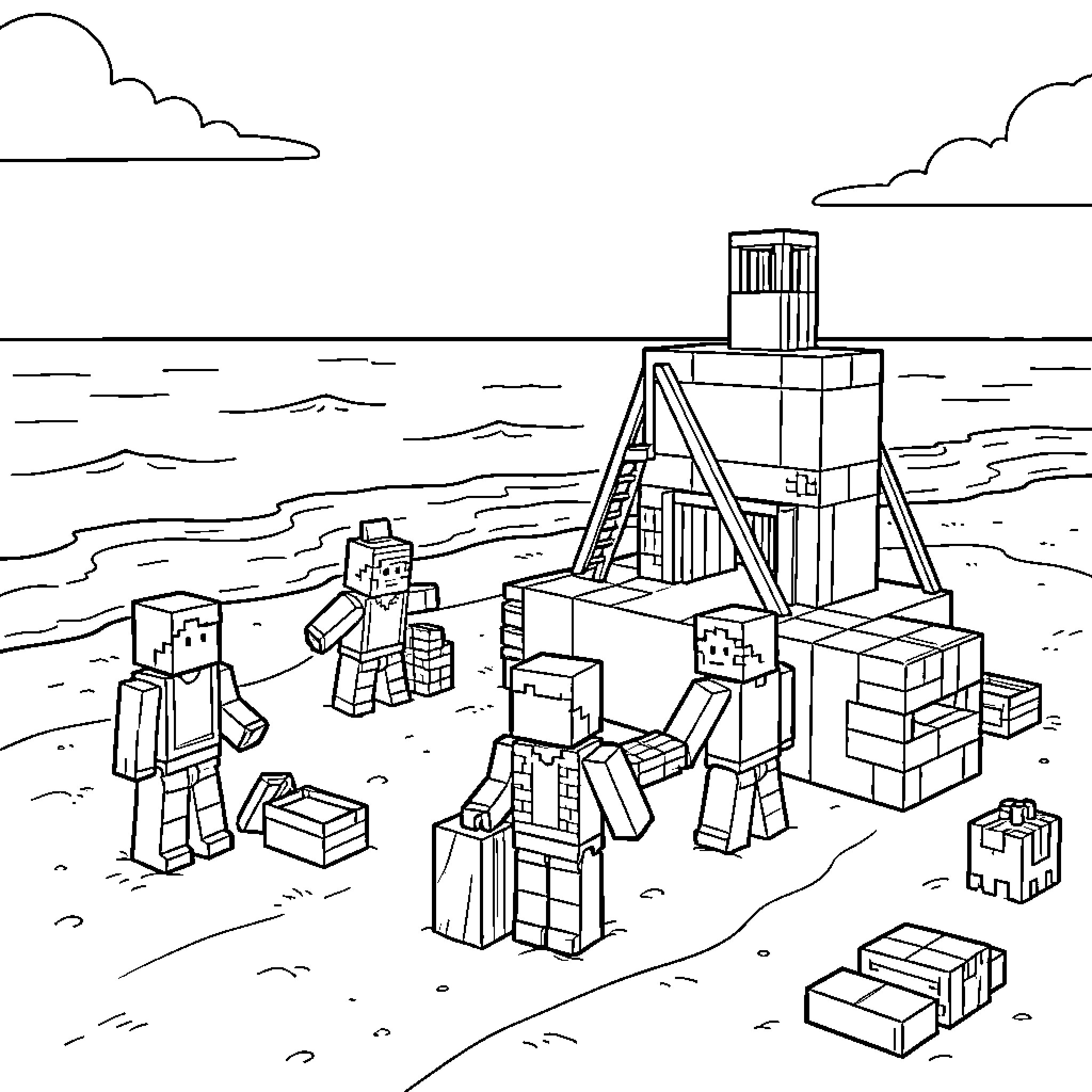 Minecraft characters exploring a beach with blocks Coloring Page (free black-and-white line drawing printable PDF for all, from beginners to advanced learners, including children, teens, adults, and seniors)